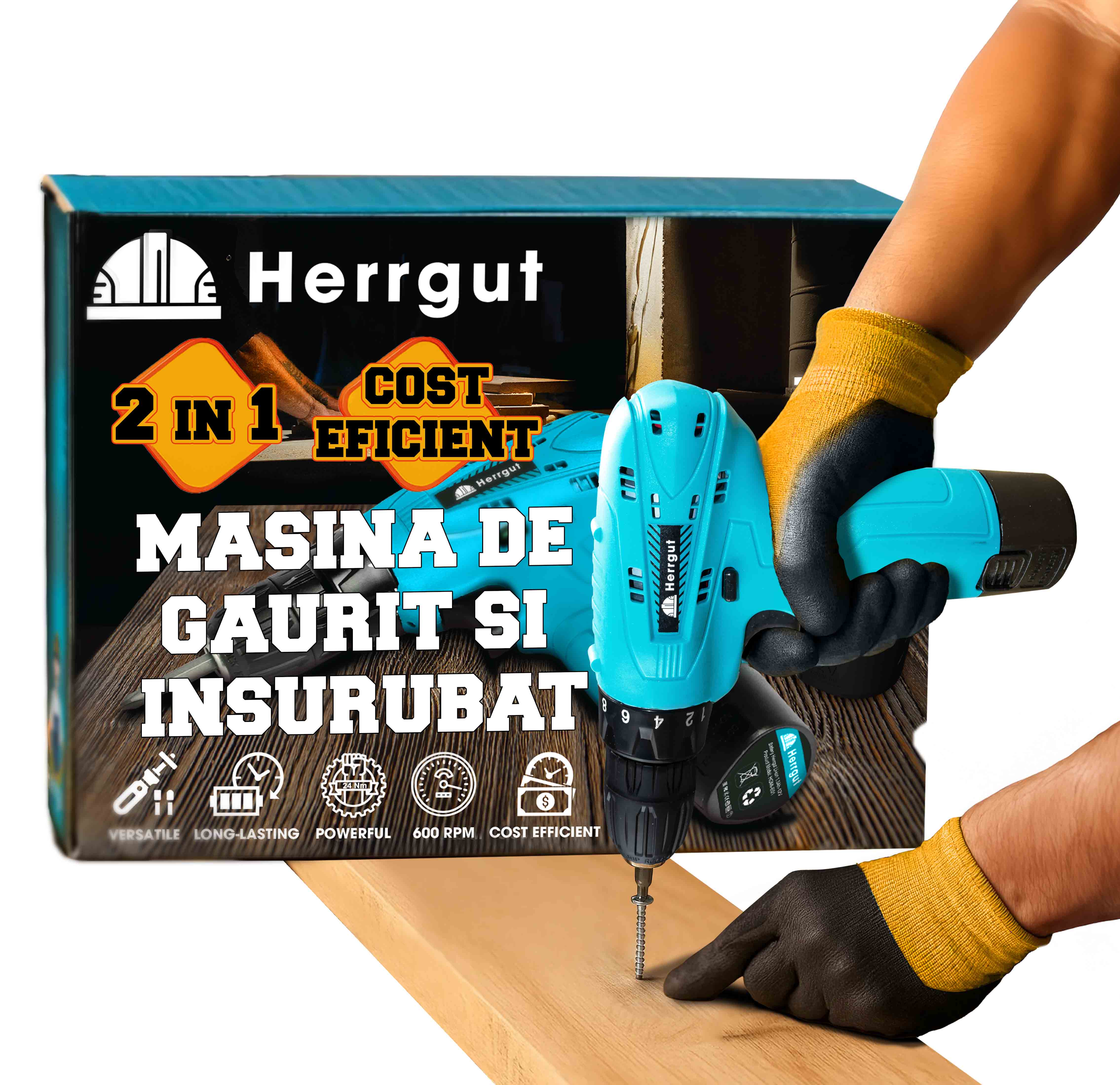 Masina de gaurit si insurubat Herrgut Easy ,1 x baterie 1500 mAh Li-Ion, 24 Nm, treapta 600 RPM, mandrina rapida 10mm, pe acumulator (bormasina)