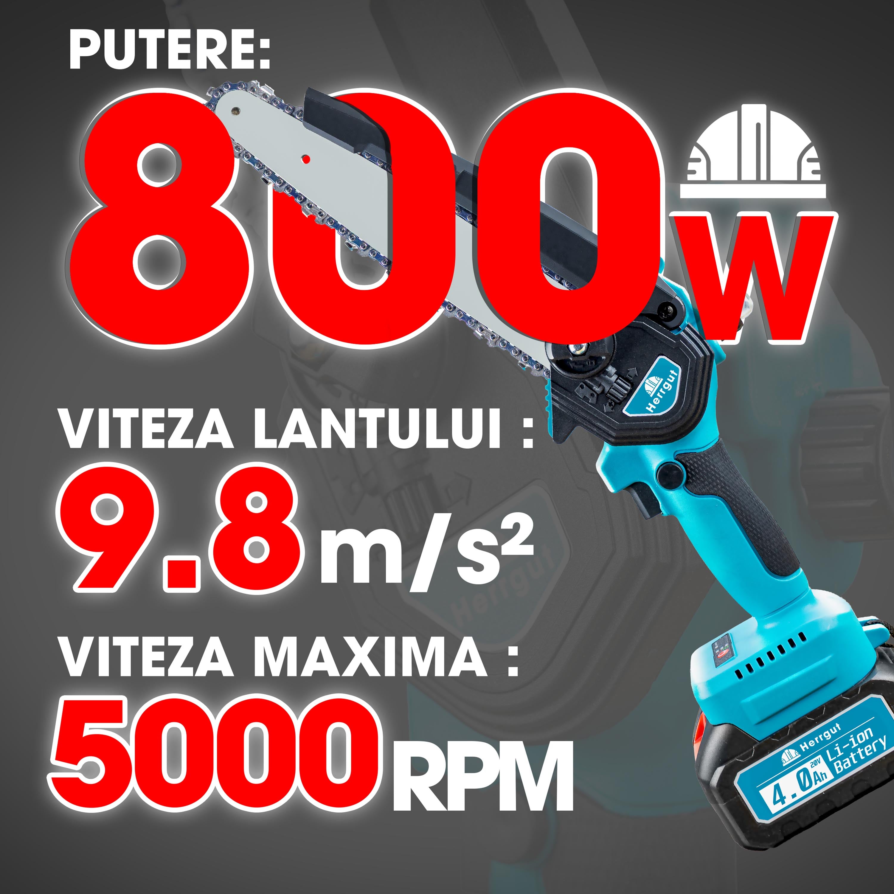 Mini fierastrau electric cu lant Herrgut, motor fara perii, 8 inch, 1 x baterie 4000 mAh, lant extra de 6 inch, baterie extra 2000 mAh fast charging, pe acumulator, cu sistem de lubrifiere, albastru/negru, (mini drujba)