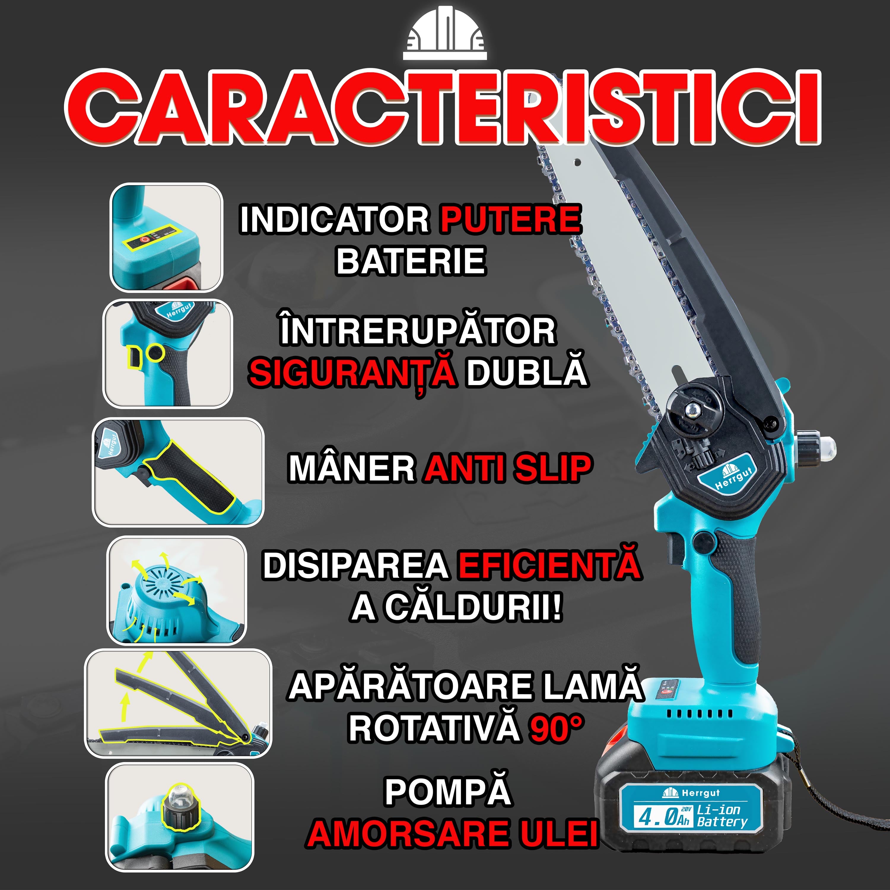 Mini fierastrau electric cu lant Herrgut, motor fara perii, 8 inch, 1 x baterie 4000 mAh, lant extra de 6 inch, baterie extra 2000 mAh fast charging, pe acumulator, cu sistem de lubrifiere, albastru/negru, (mini drujba)