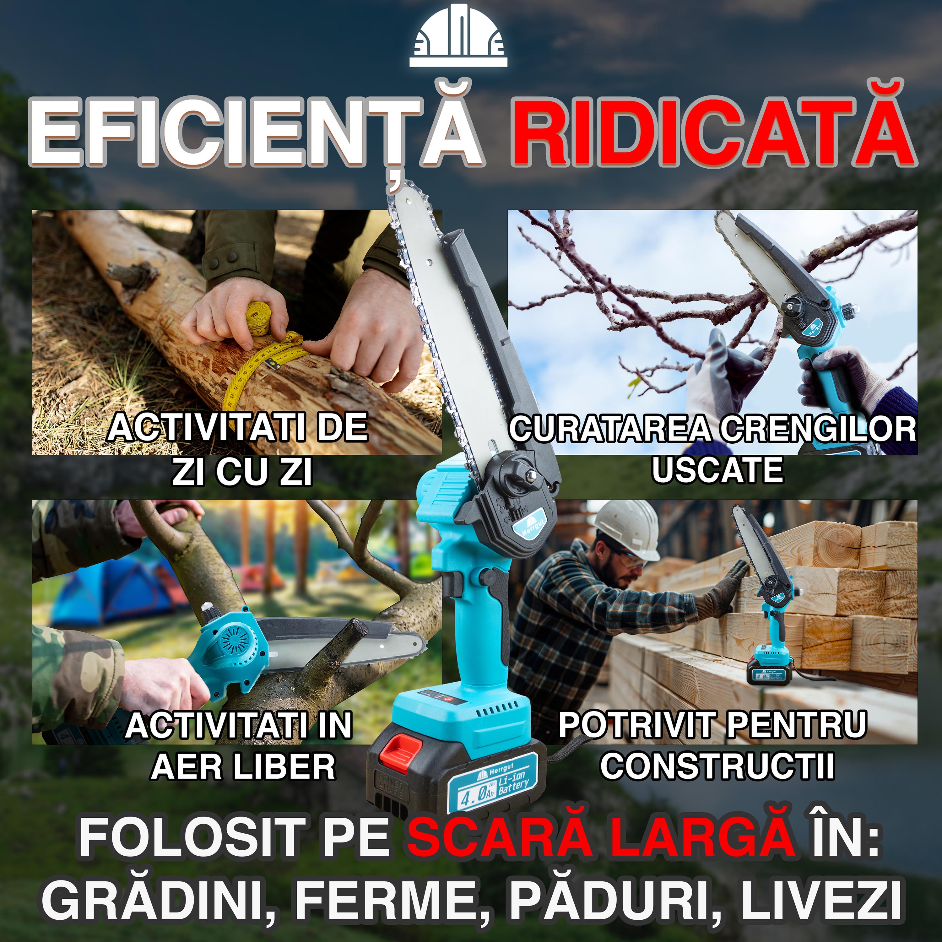 Mini fierastrau electric cu lant Herrgut, motor fara perii, 8 inch, 1 x baterie 4000 mAh, lant extra de 6 inch, baterie extra 2000 mAh fast charging, pe acumulator, cu sistem de lubrifiere, albastru/negru, (mini drujba)