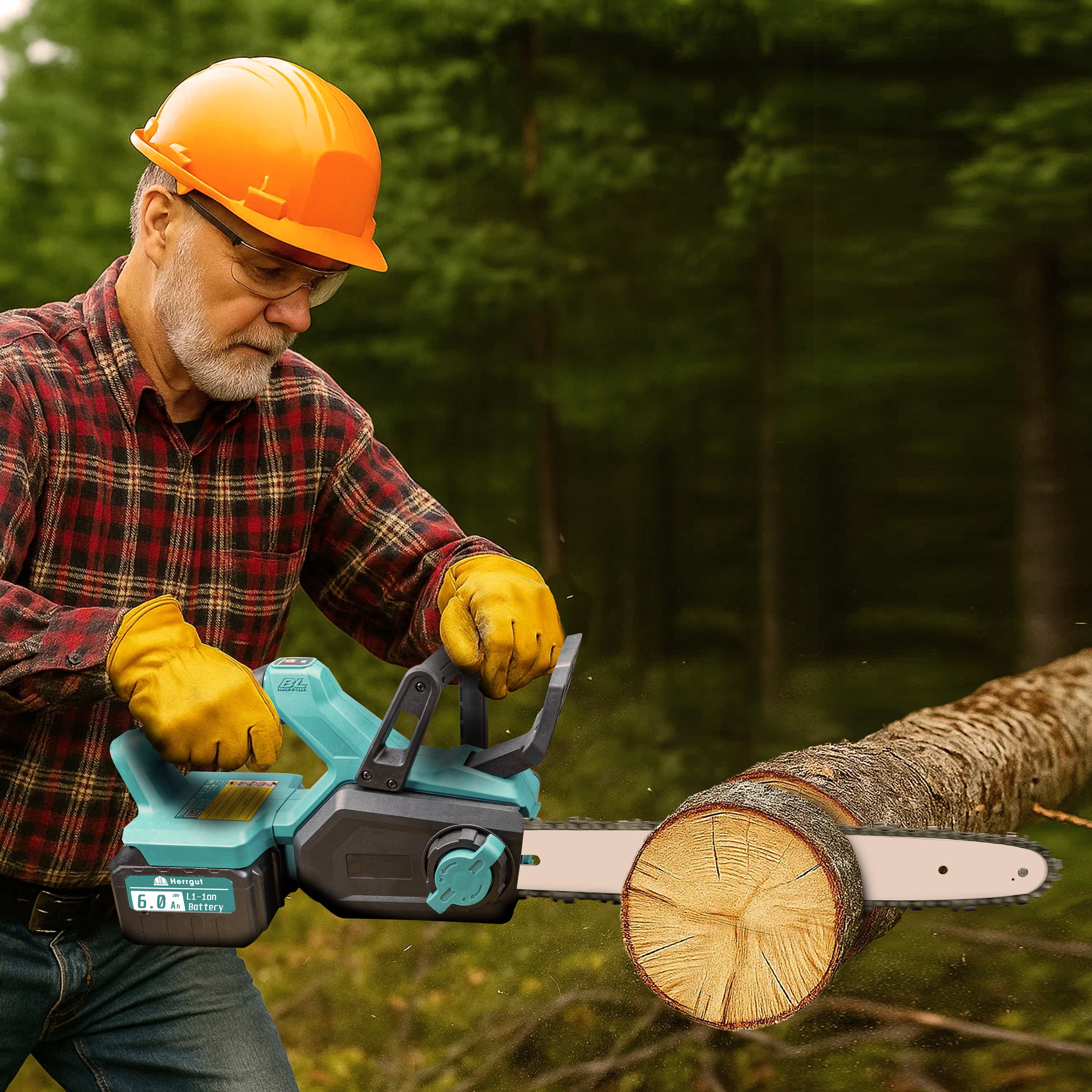 Fierastrau electric (Drujba) cu lant Herrgut, 2 x baterie 6000 mAh, 16 inch, motor fara perii, putere 1800W, fast charging, pe acumulator, cu sistem de lubrifiere, albastru/negru