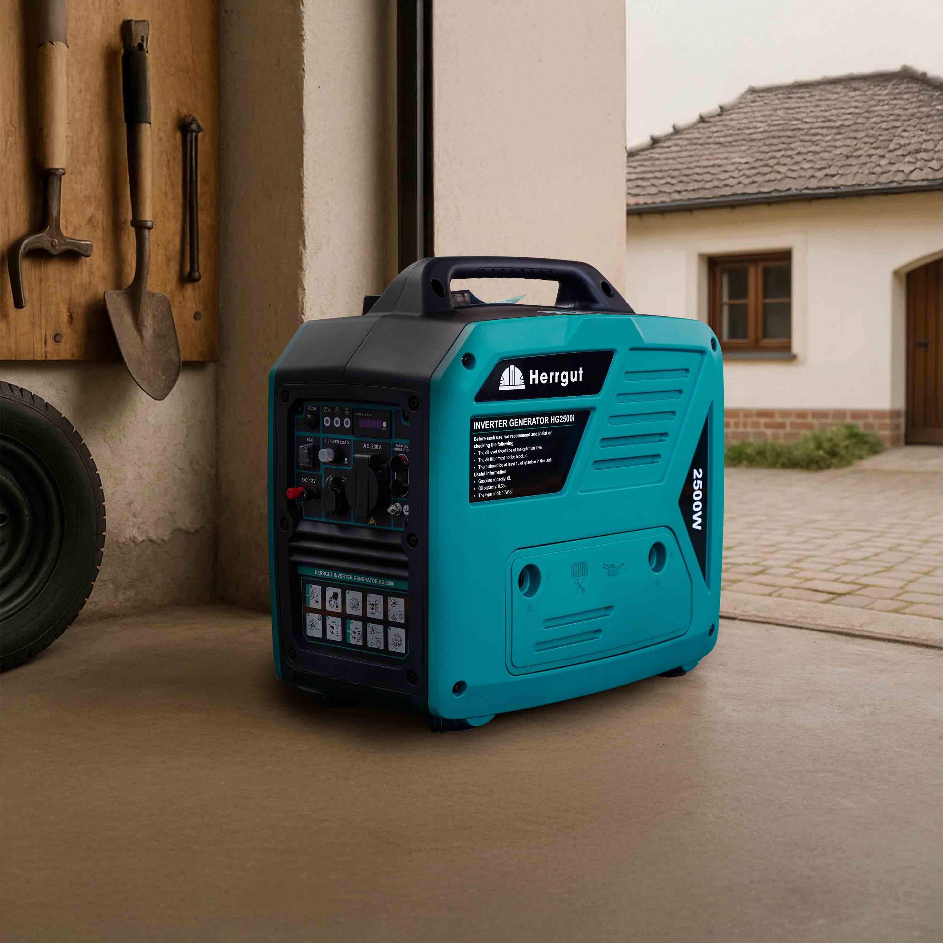 Generator curent electric cu invertor Herrgut HG2500i, 2500W, silentios, mod ECO, portabil, benzina, 6 l capacitate rezervor, cu stabilizator de tensiune, pornire manuala, bobinaj cupru