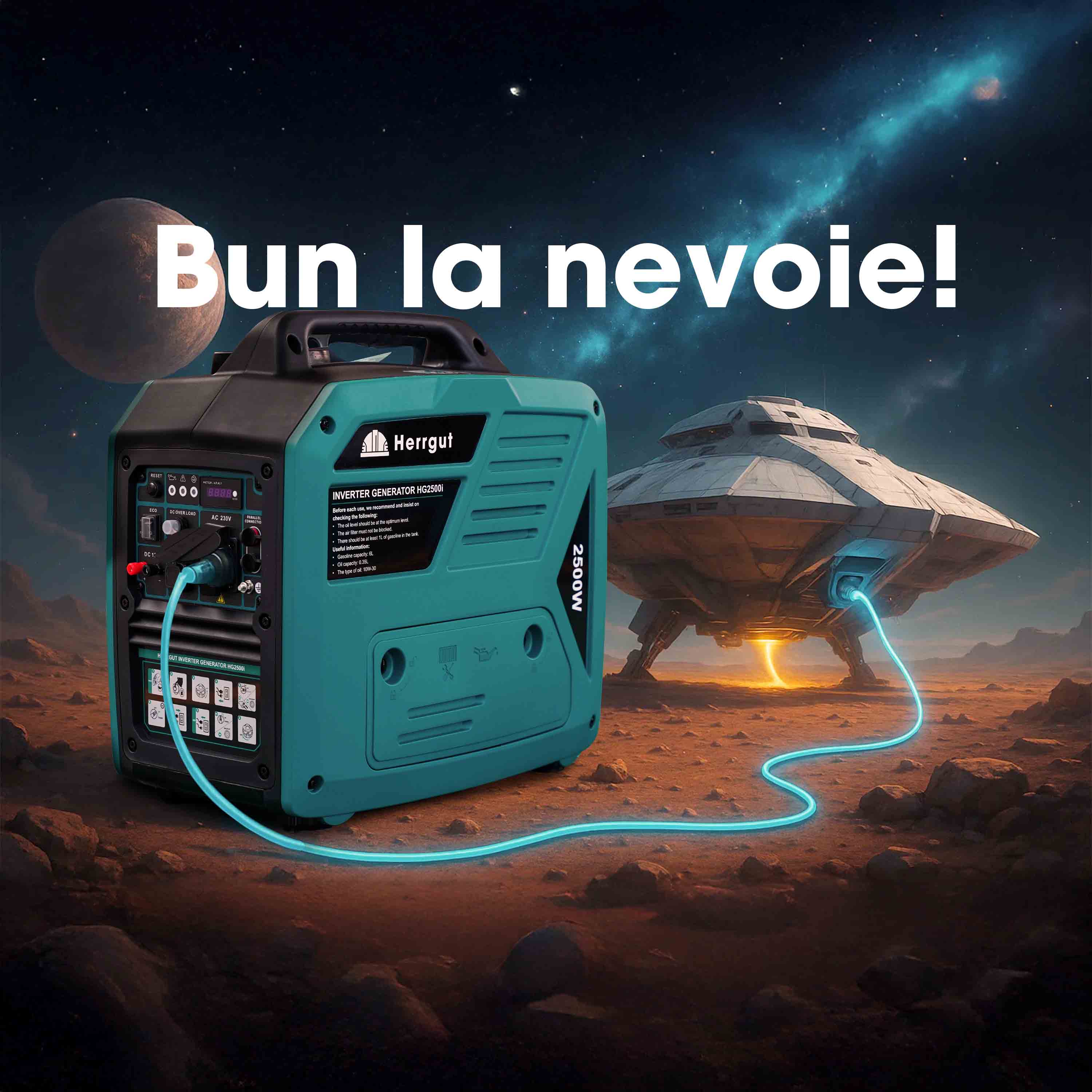 Generator curent electric cu invertor Herrgut HG2500i, 2500W, silentios, mod ECO, portabil, benzina, 6 l capacitate rezervor, cu stabilizator de tensiune, pornire manuala, bobinaj cupru