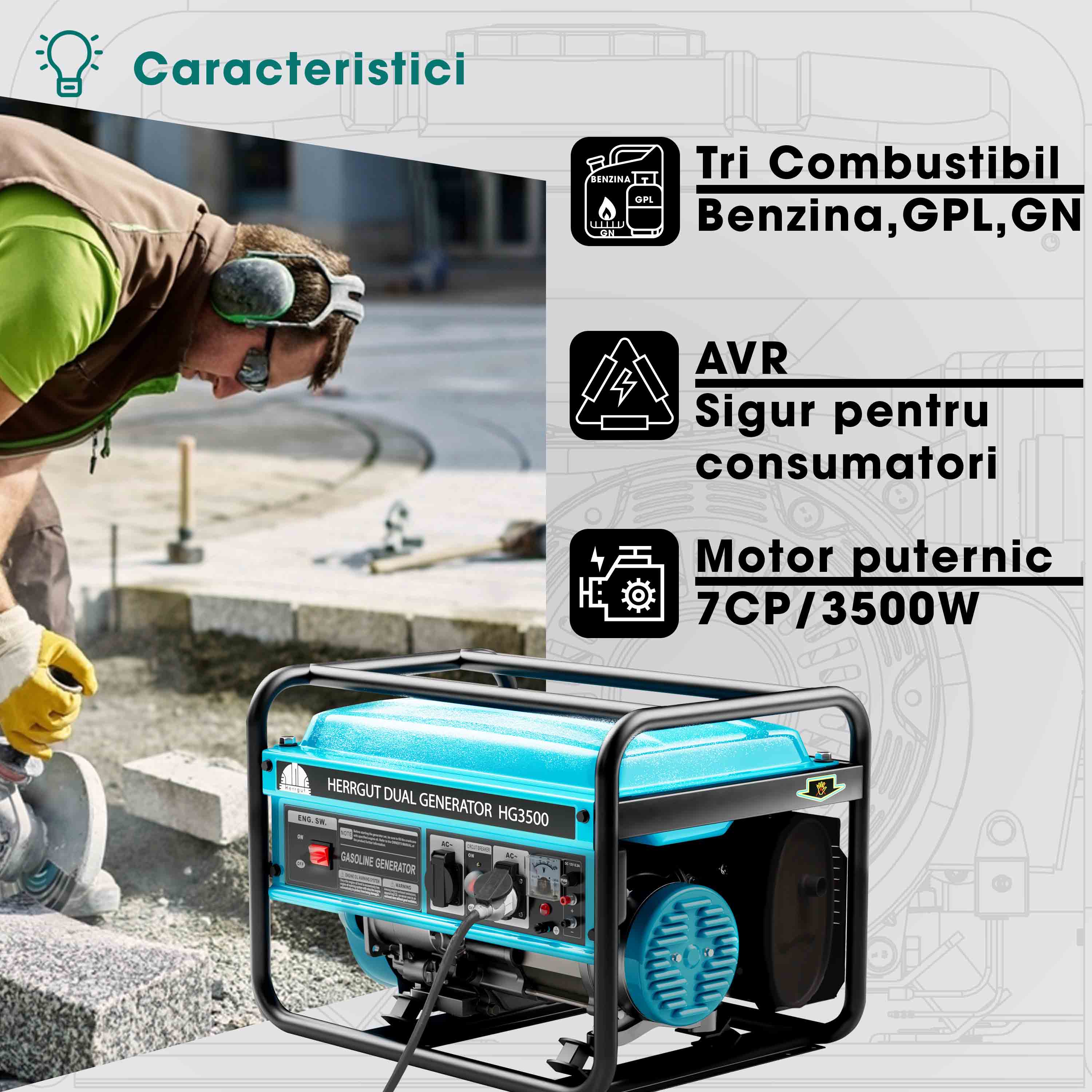 Generator curent electric profesional Herrgut pe benzina, GPL, gaz natural, putere maxima 3500 W (nominala 3.2kW), AVR, stabilizator de tensiune, motor 7 CP, bobinaj 100% cupru