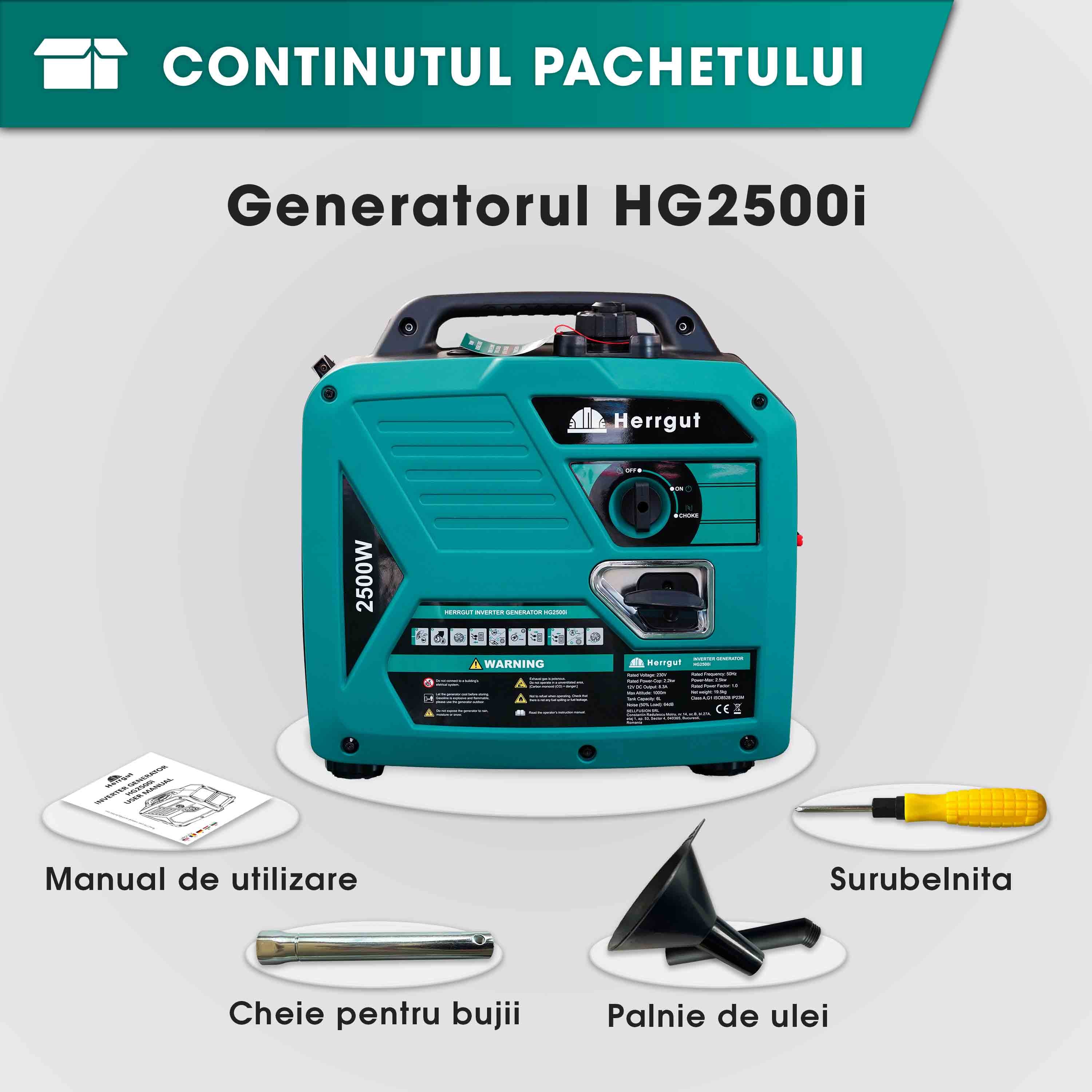 Generator curent electric cu invertor Herrgut HG2500i, 2500W, silentios, mod ECO, portabil, benzina, 6 l capacitate rezervor, cu stabilizator de tensiune, pornire manuala, bobinaj cupru