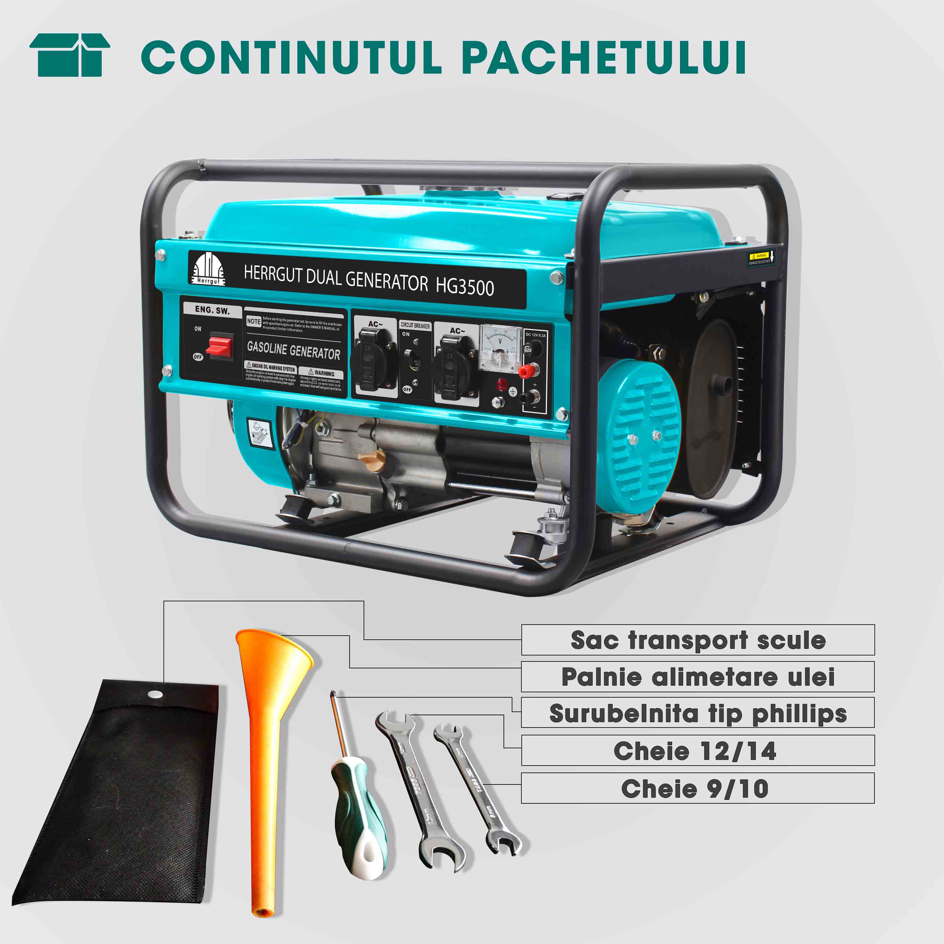 Generator curent electric profesional Herrgut pe benzina, GPL, gaz natural, putere maxima 3500 W (nominala 3.2kW), AVR, stabilizator de tensiune, motor 7 CP, bobinaj 100% cupru