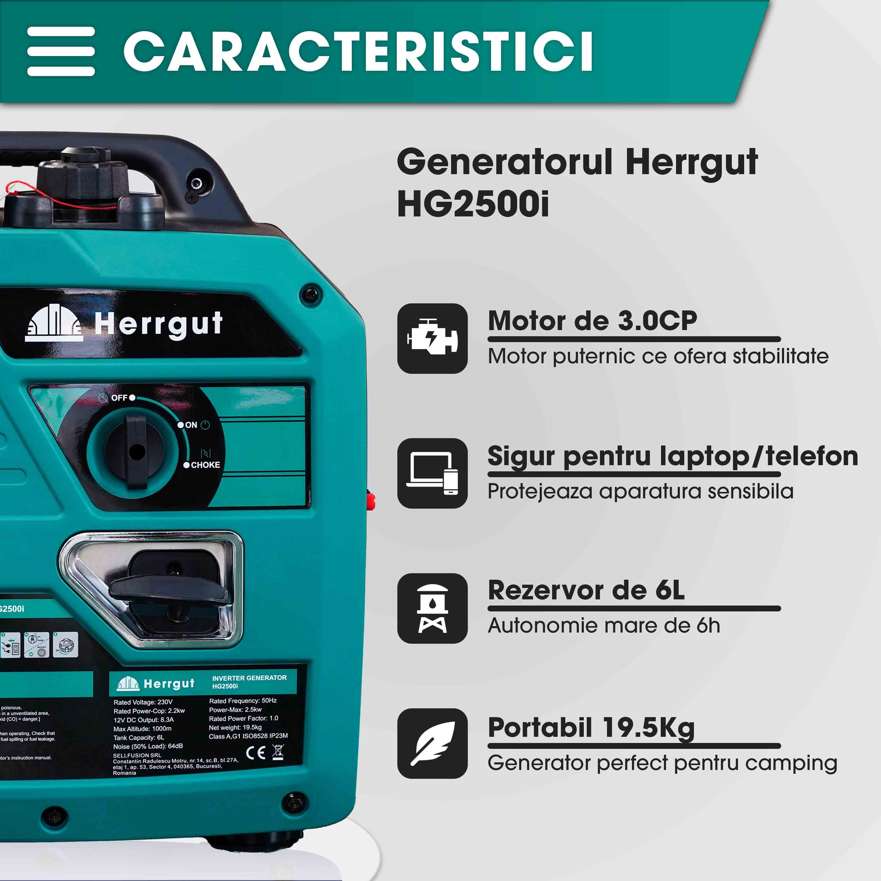 Generator curent electric cu invertor Herrgut HG2500i, 2500W, silentios, mod ECO, portabil, benzina, 6 l capacitate rezervor, cu stabilizator de tensiune, pornire manuala, bobinaj cupru