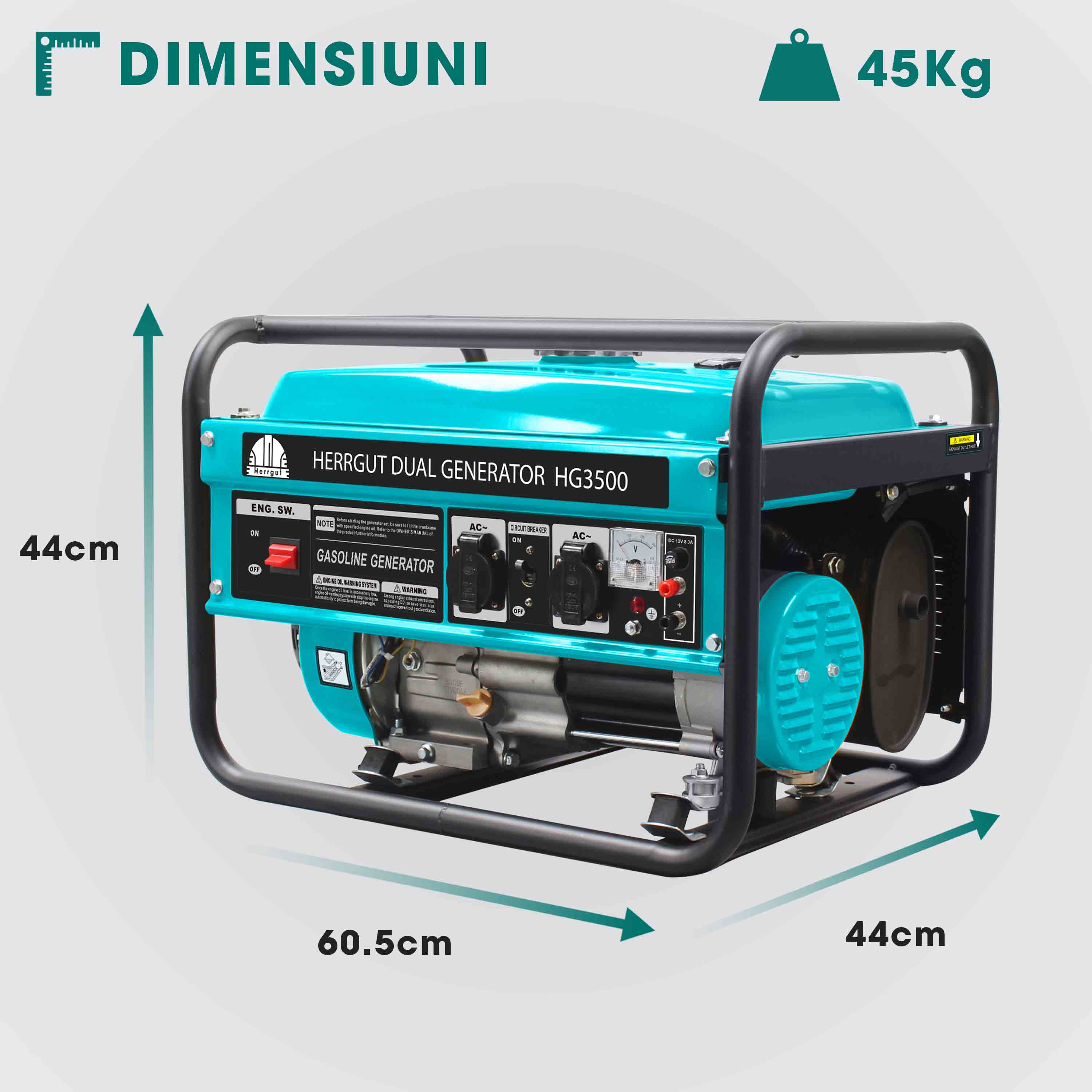 Generator curent electric profesional Herrgut pe benzina, GPL, gaz natural, putere maxima 3500 W (nominala 3.2kW), AVR, stabilizator de tensiune, motor 7 CP, bobinaj 100% cupru
