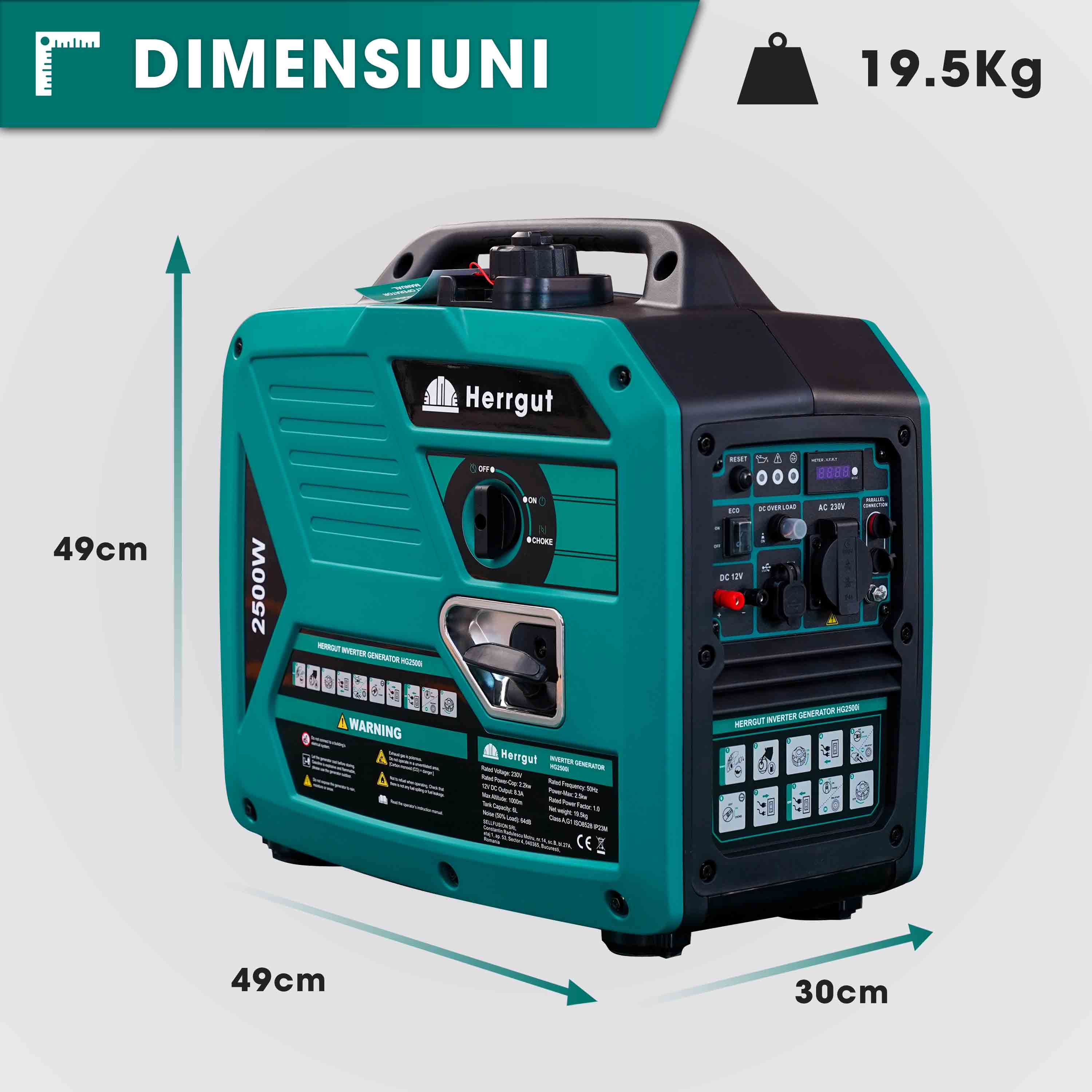 Generator curent electric cu invertor Herrgut HG2500i, 2500W, silentios, mod ECO, portabil, benzina, 6 l capacitate rezervor, cu stabilizator de tensiune, pornire manuala, bobinaj cupru