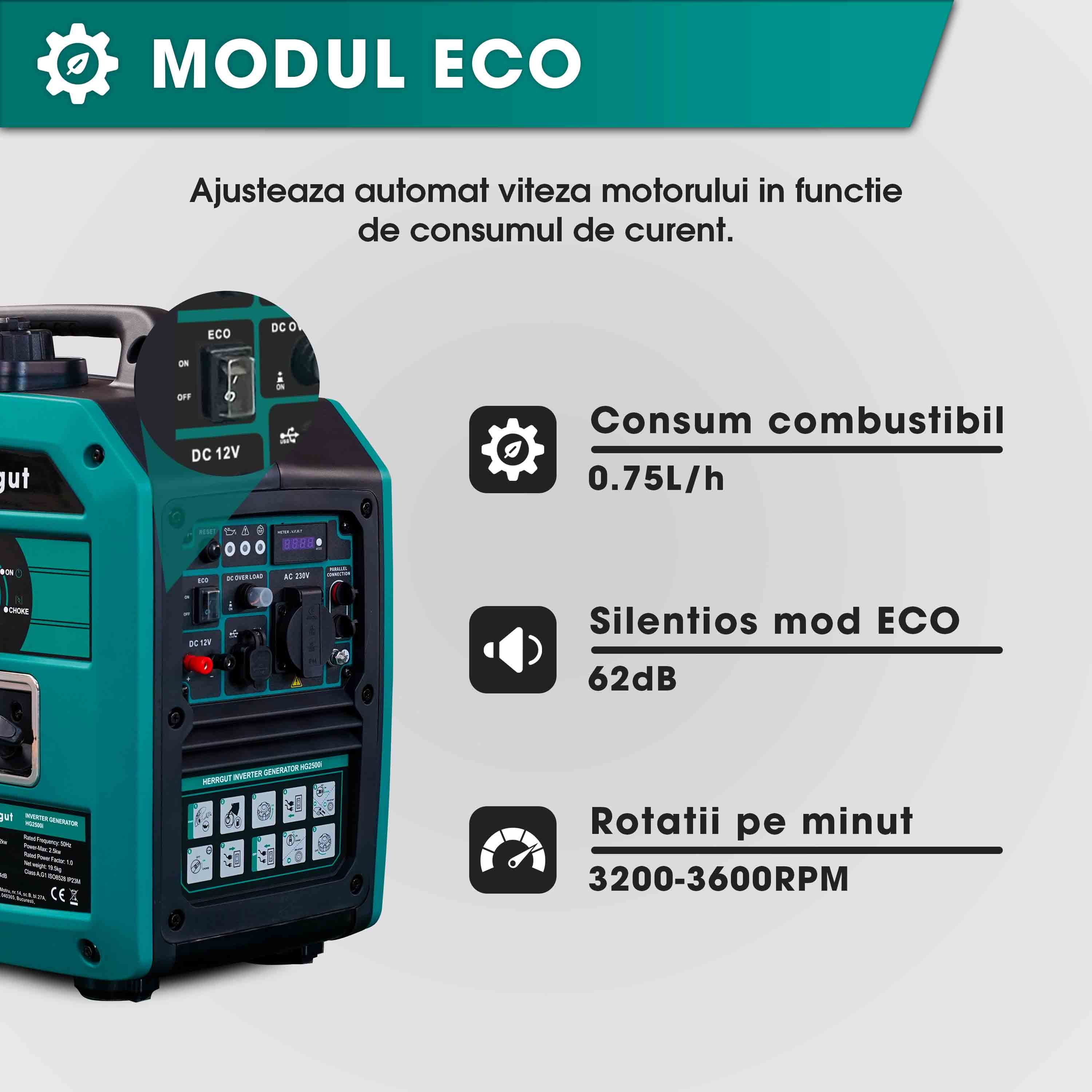 Generator curent electric cu invertor Herrgut HG2500i, 2500W, silentios, mod ECO, portabil, benzina, 6 l capacitate rezervor, cu stabilizator de tensiune, pornire manuala, bobinaj cupru