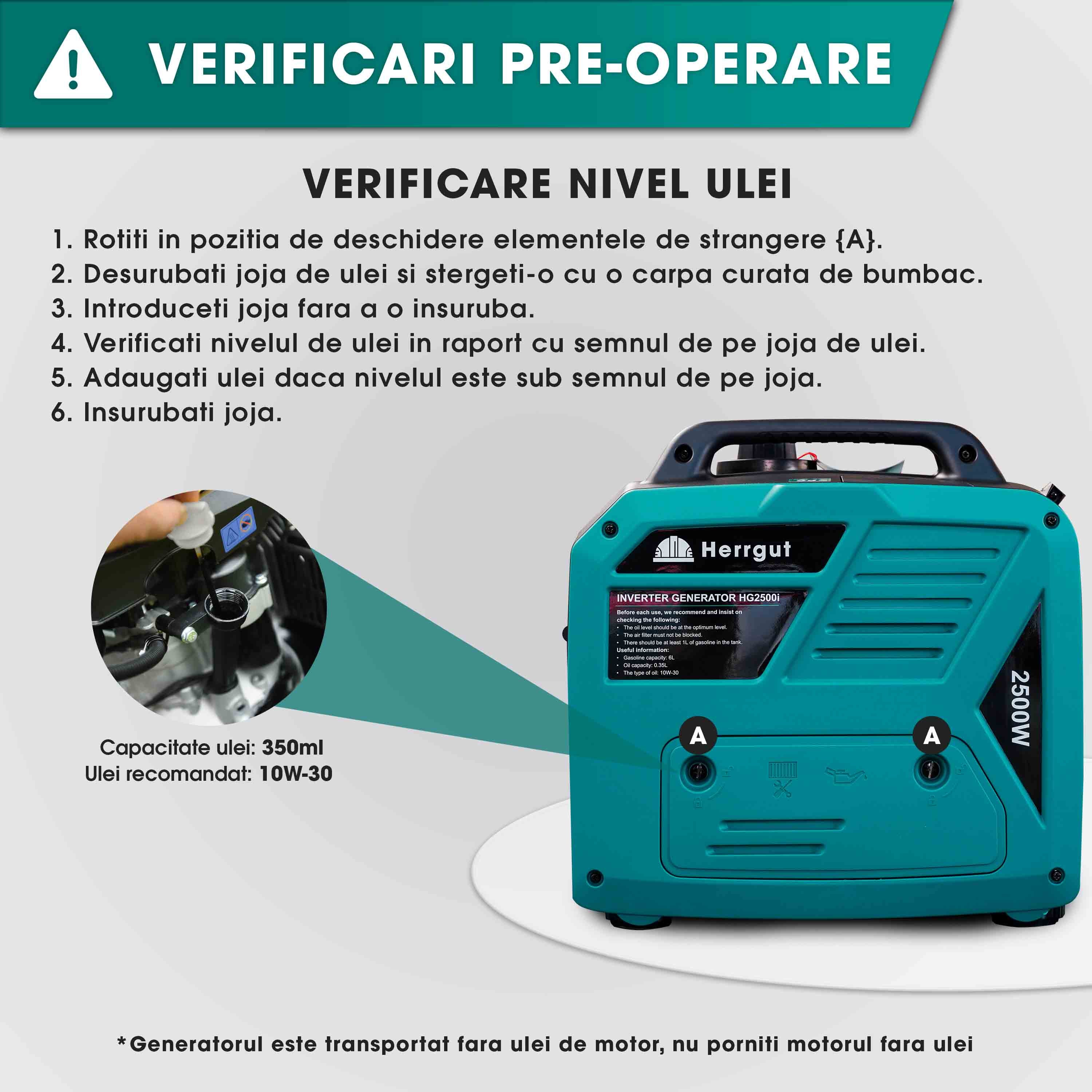 Generator curent electric cu invertor Herrgut HG2500i, 2500W, silentios, mod ECO, portabil, benzina, 6 l capacitate rezervor, cu stabilizator de tensiune, pornire manuala, bobinaj cupru