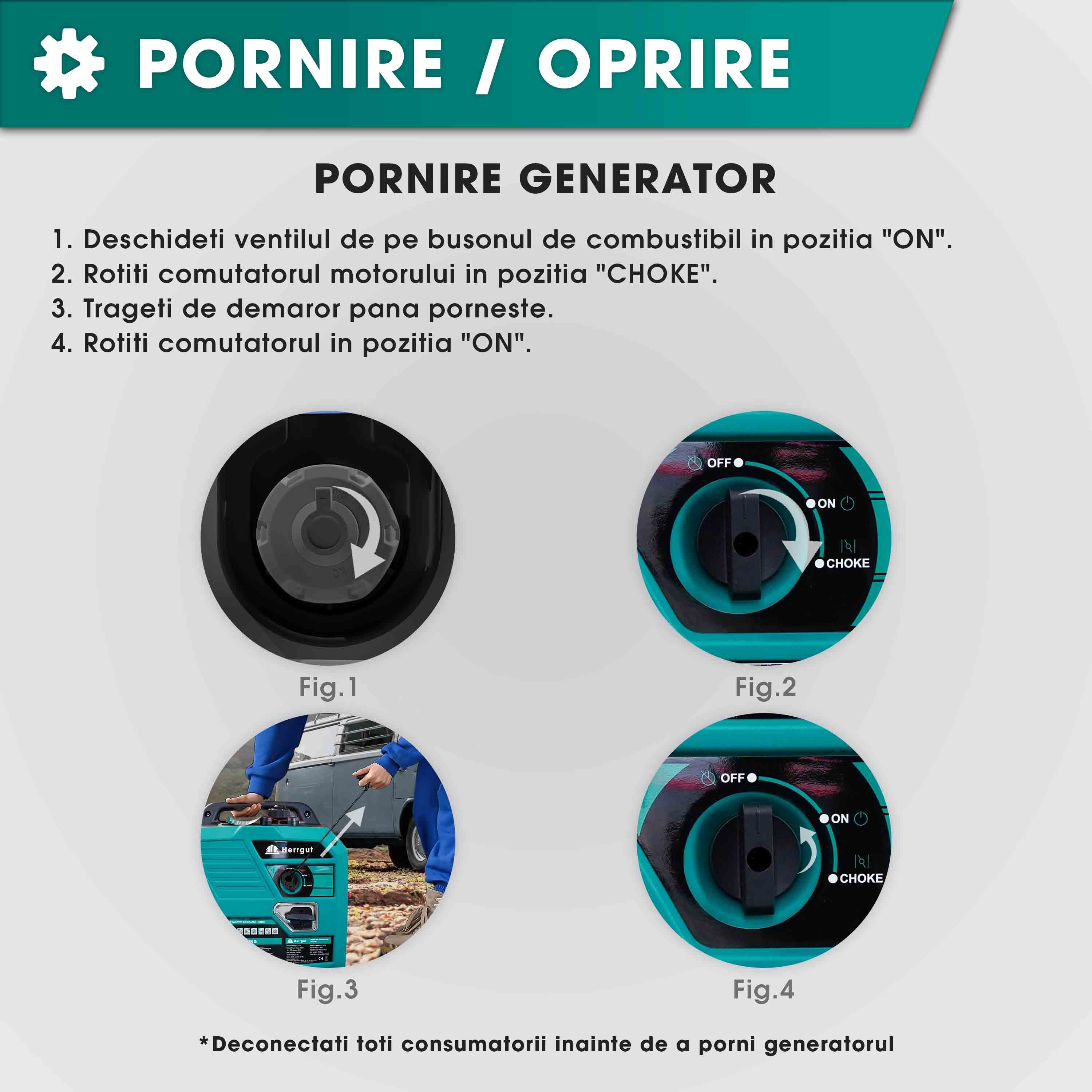 Generator curent electric cu invertor Herrgut HG2500i, 2500W, silentios, mod ECO, portabil, benzina, 6 l capacitate rezervor, cu stabilizator de tensiune, pornire manuala, bobinaj cupru