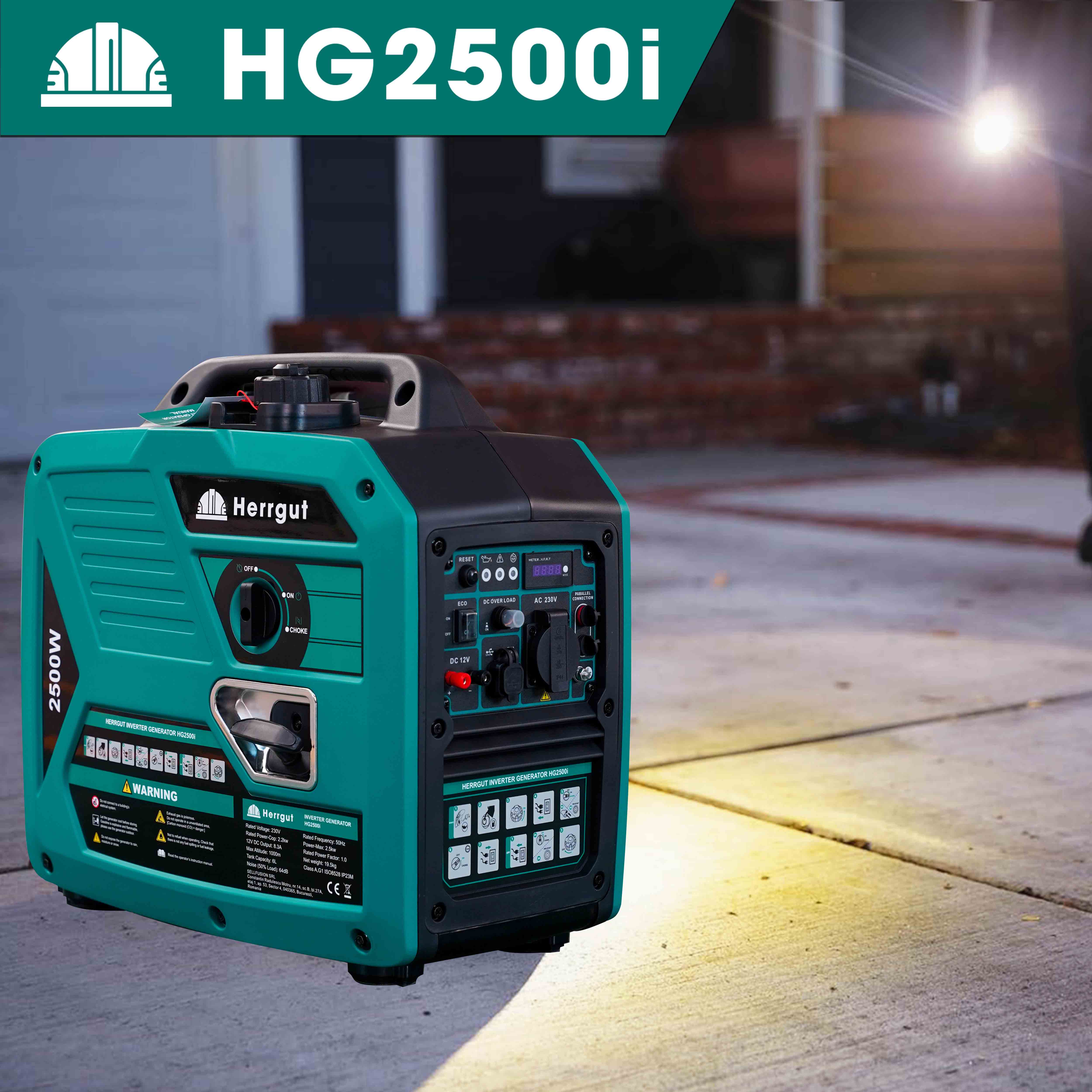 Generator curent electric cu invertor Herrgut HG2500i, 2500W, silentios, mod ECO, portabil, benzina, 6 l capacitate rezervor, cu stabilizator de tensiune, pornire manuala, bobinaj cupru