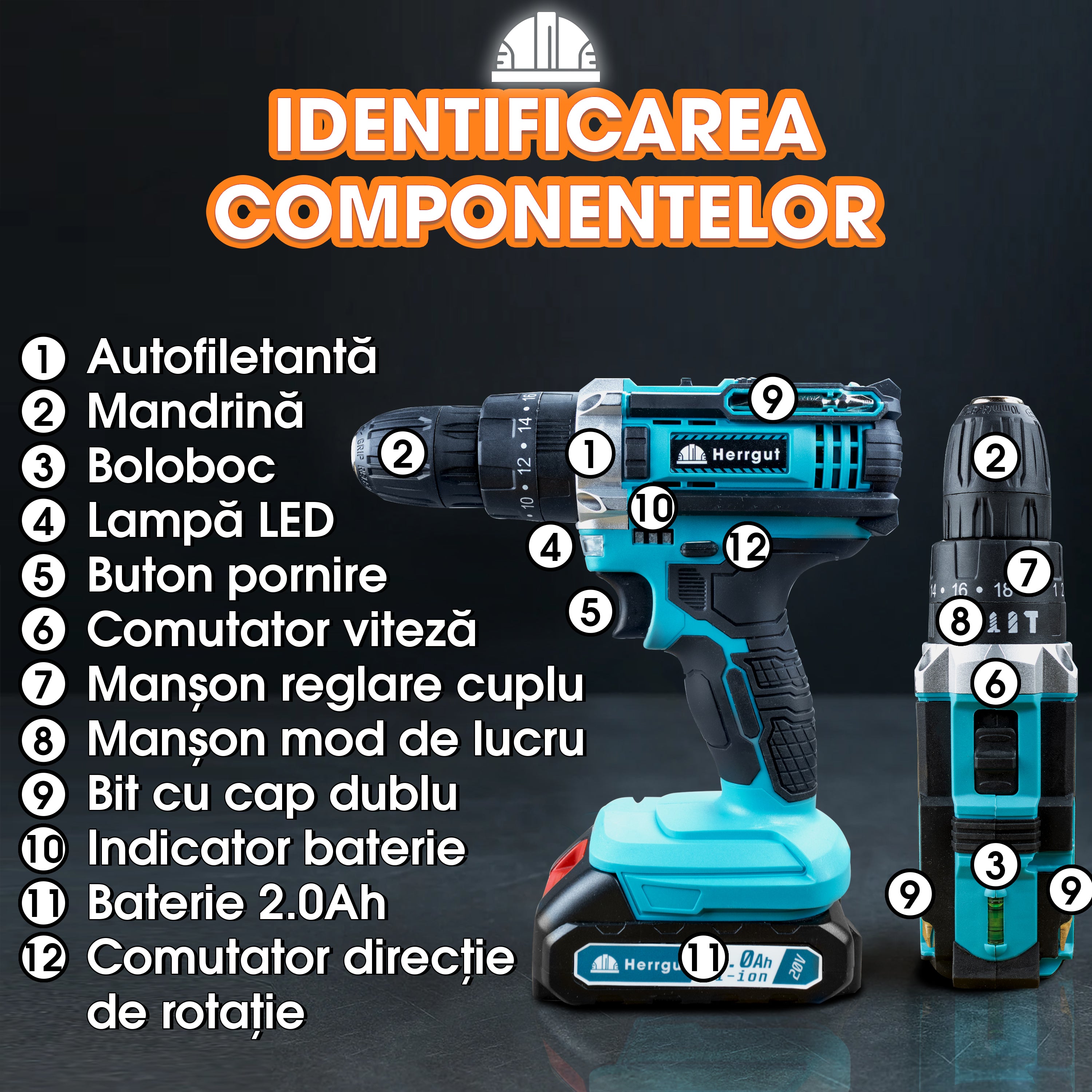 Masina de gaurit si insurubat Herrgut Professional, 2000 mAh Li-Ion, 32 accesorii, 2 trepte 400/1400 RPM, imbinare 35Nm, mandrina rapida 0.8-10mm, pe acumulator (bormasina)