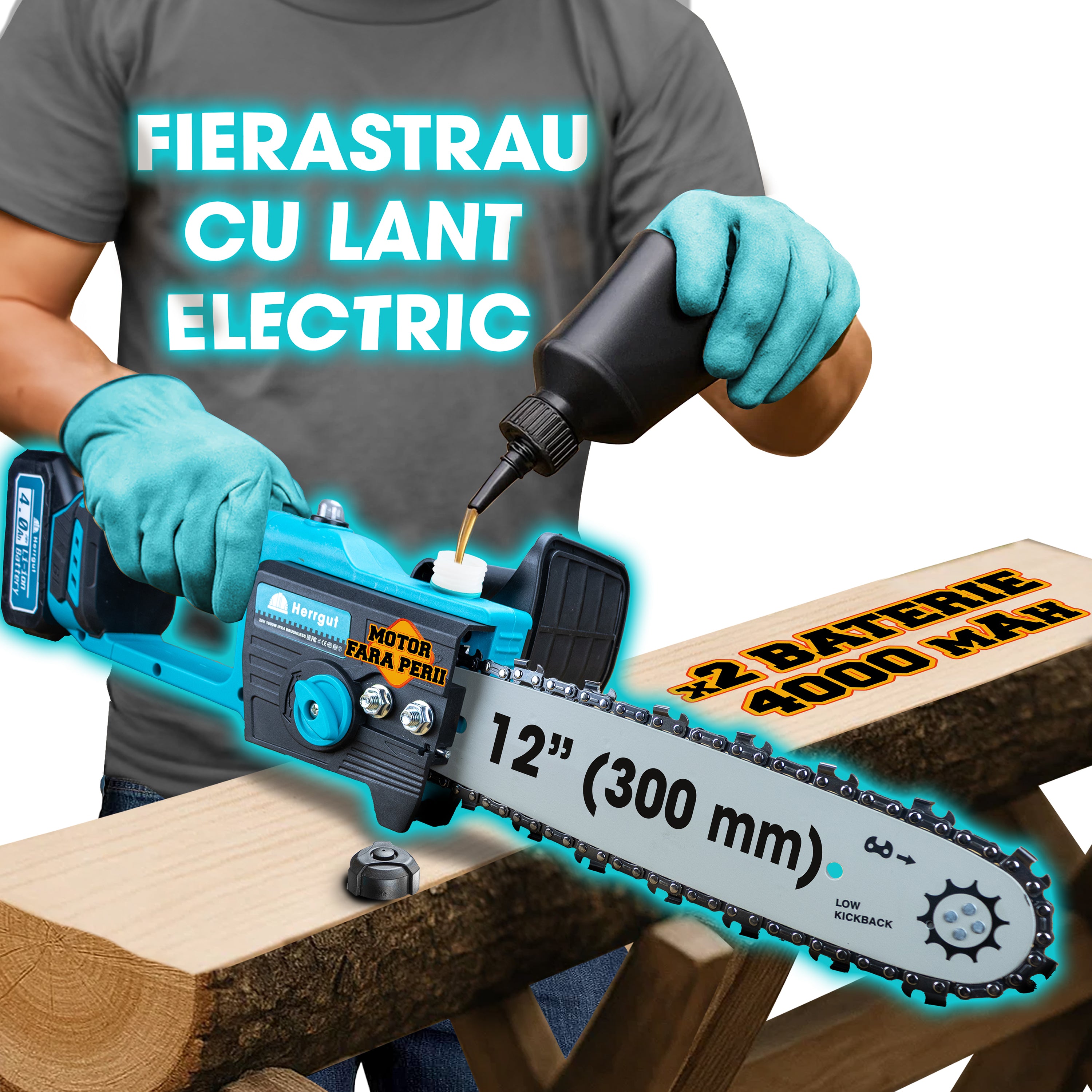 Mini fierastrau electric cu lant Herrgut, motor fara perii, 12 inch, 2 x baterie 4000 mAh, putere 1200W, fast charging, pe acumulator, cu sistem de lubrifiere, albastru/negru