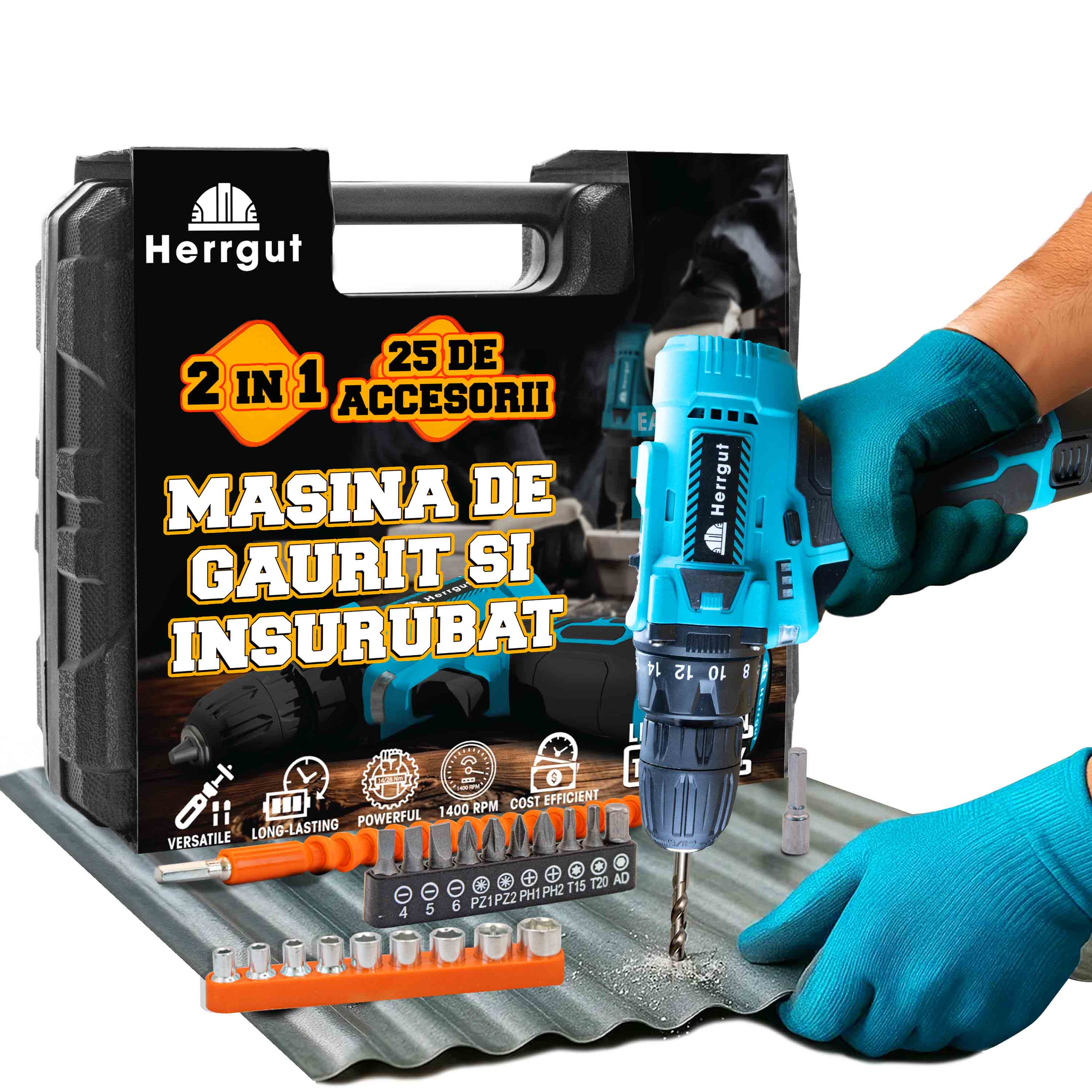 Masina de gaurit si insurubat (bormasina) Herrgut Universal cu acumulator 1.5Ah Li-Ion, 30Nm, 2 trepte 400/1400 RPM, mandrina rapida 0.8-10mm, 25 accesorii, cutie bmc