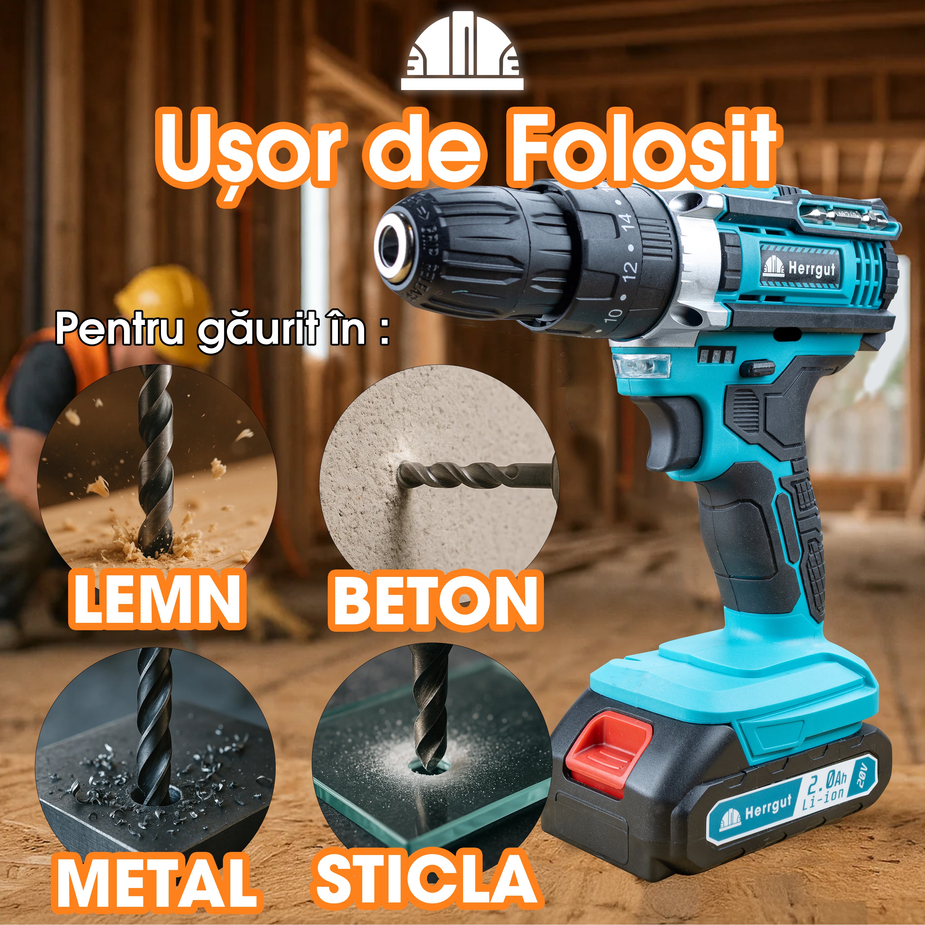 Masina de gaurit si insurubat Herrgut Professional, 2000 mAh Li-Ion, 32 accesorii, 2 trepte 400/1400 RPM, imbinare 35Nm, mandrina rapida 0.8-10mm, pe acumulator (bormasina)