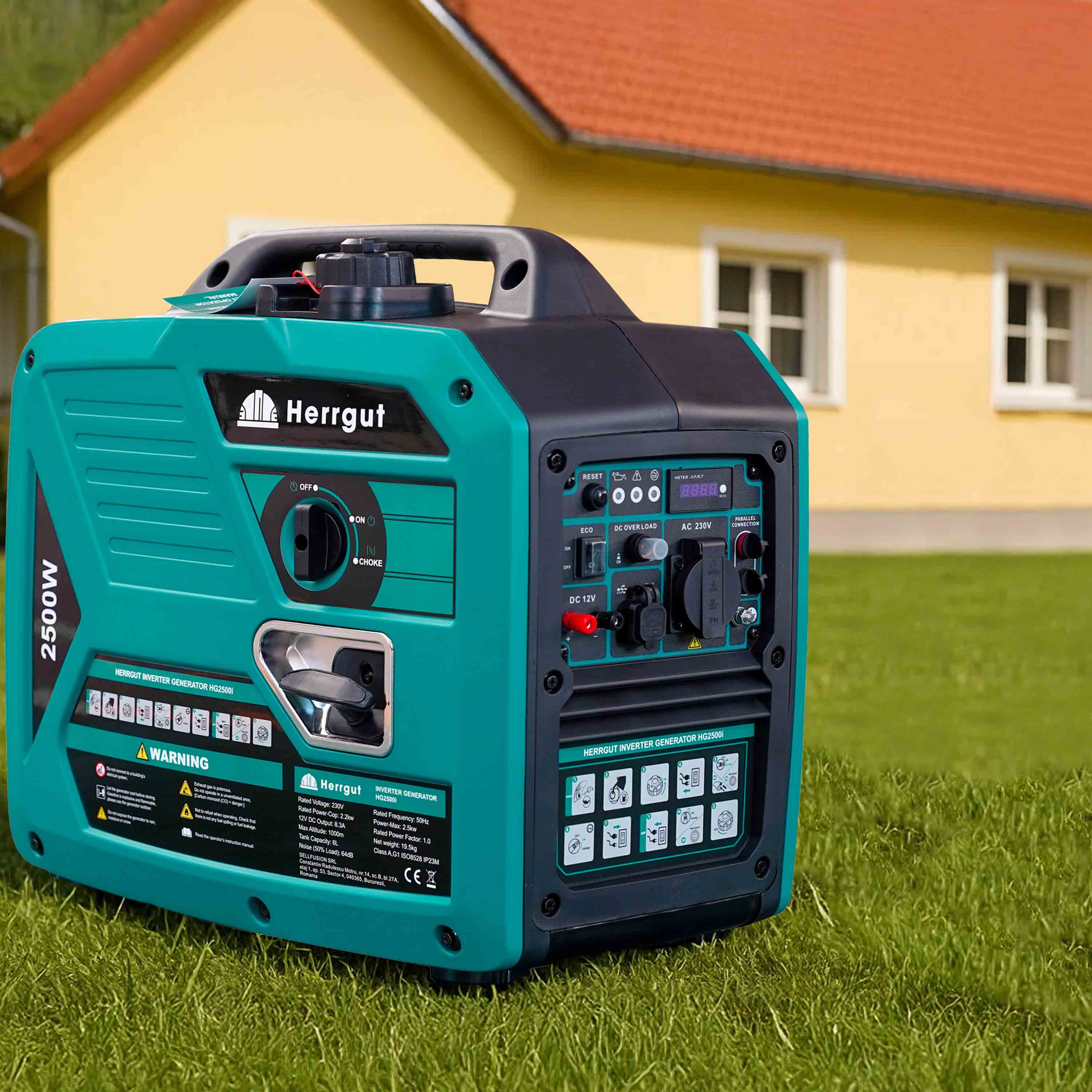 Generator curent electric cu invertor Herrgut HG2500i, 2500W, silentios, mod ECO, portabil, benzina, 6 l capacitate rezervor, cu stabilizator de tensiune, pornire manuala, bobinaj cupru