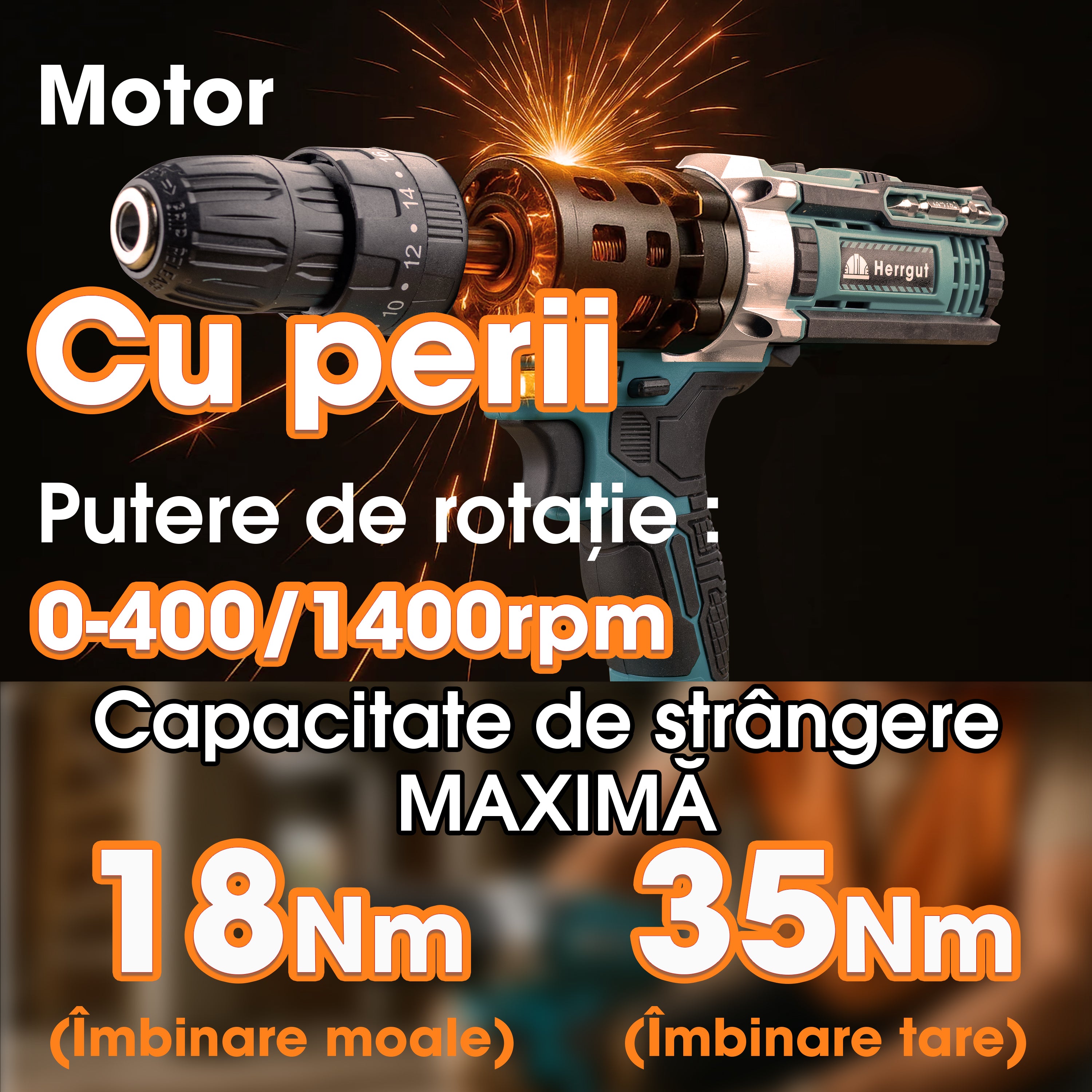 Masina de gaurit si insurubat Herrgut Professional, 2000 mAh Li-Ion, 32 accesorii, 2 trepte 400/1400 RPM, imbinare 35Nm, mandrina rapida 0.8-10mm, pe acumulator (bormasina)