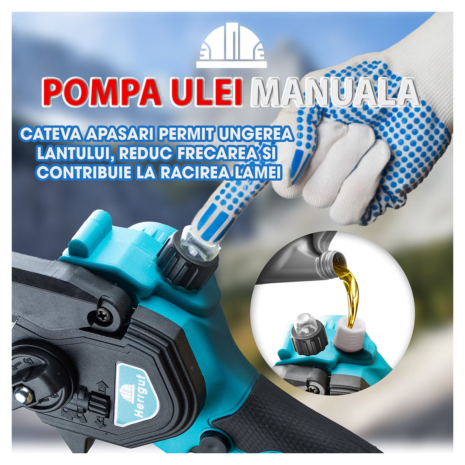 Mini fierastrau electric cu lant Herrgut, motor fara perii, 8 inch, 1 x baterie 4000 mAh, lant extra de 6 inch, baterie extra 2000 mAh fast charging, pe acumulator, cu sistem de lubrifiere, albastru/negru, (mini drujba)