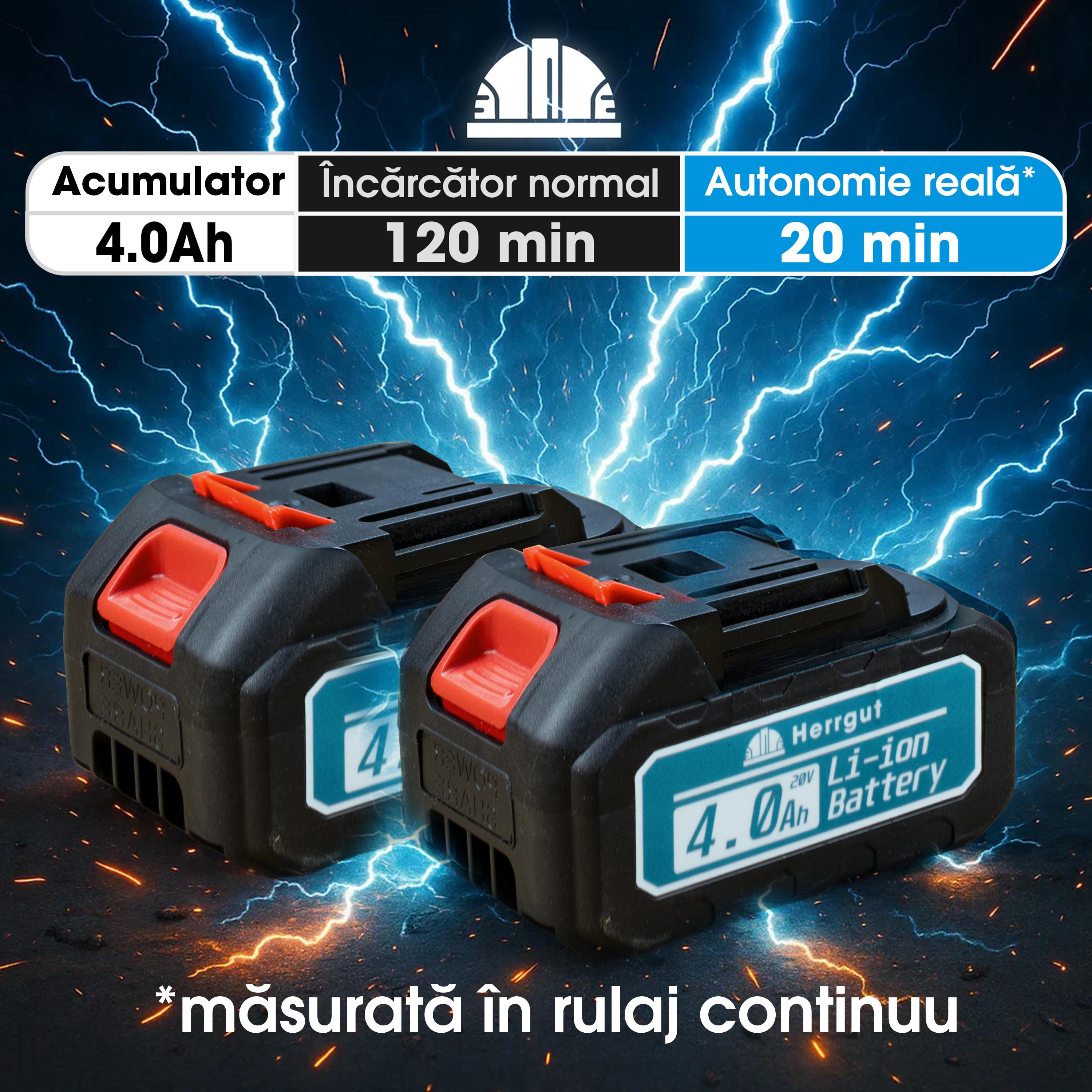 Mini fierastrau electric cu lant Herrgut, motor fara perii, 12 inch, 2 x baterie 4000 mAh, putere 1200W, fast charging, pe acumulator, cu sistem de lubrifiere, albastru/negru