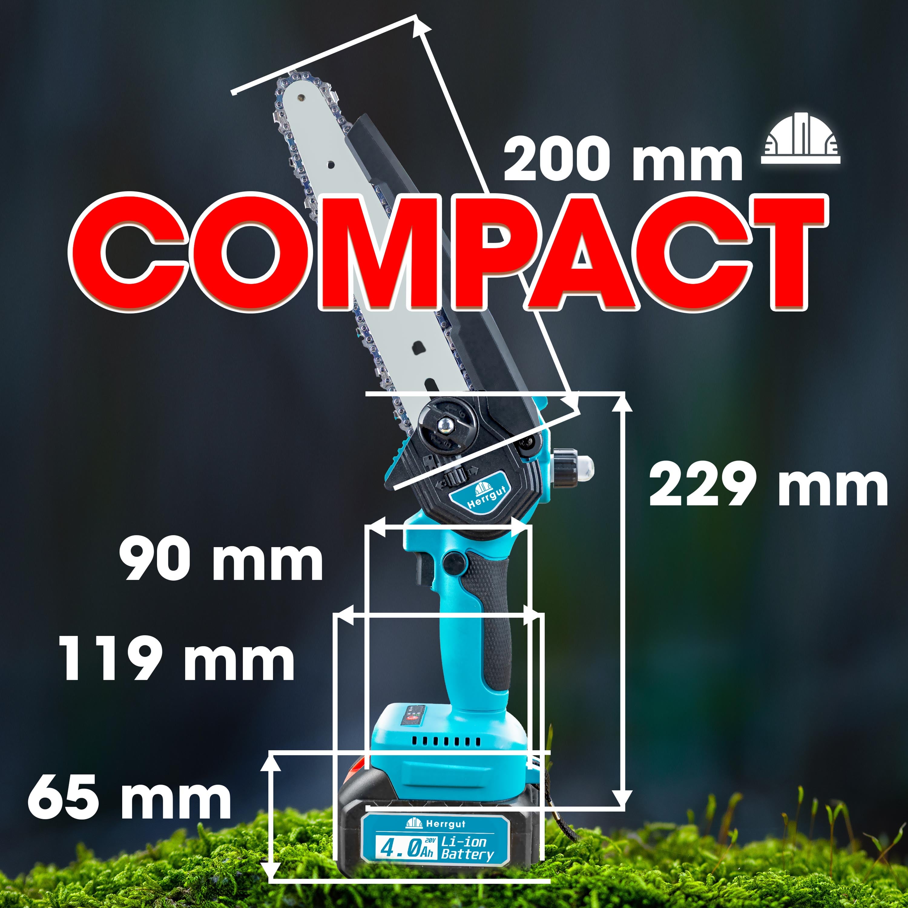 Mini fierastrau electric cu lant Herrgut, motor fara perii, 8 inch, 1 x baterie 4000 mAh, lant extra de 6 inch, baterie extra 2000 mAh fast charging, pe acumulator, cu sistem de lubrifiere, albastru/negru, (mini drujba)