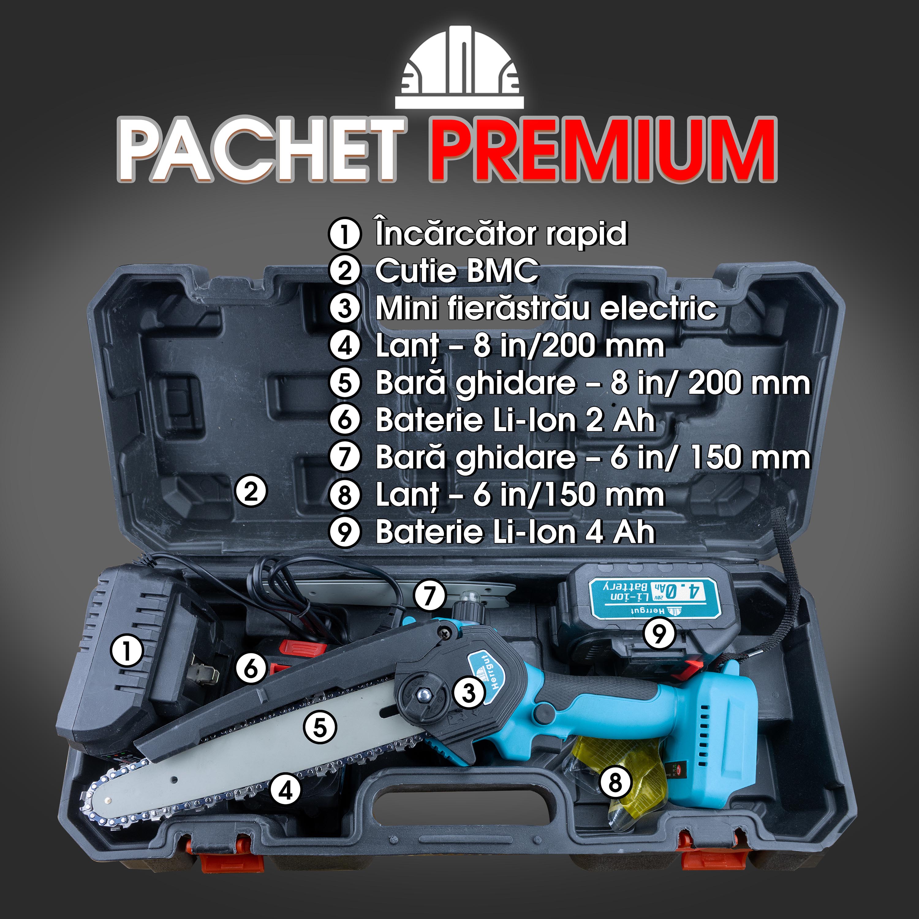 Mini fierastrau electric cu lant Herrgut, motor fara perii, 8 inch, 1 x baterie 4000 mAh, lant extra de 6 inch, baterie extra 2000 mAh fast charging, pe acumulator, cu sistem de lubrifiere, albastru/negru, (mini drujba)