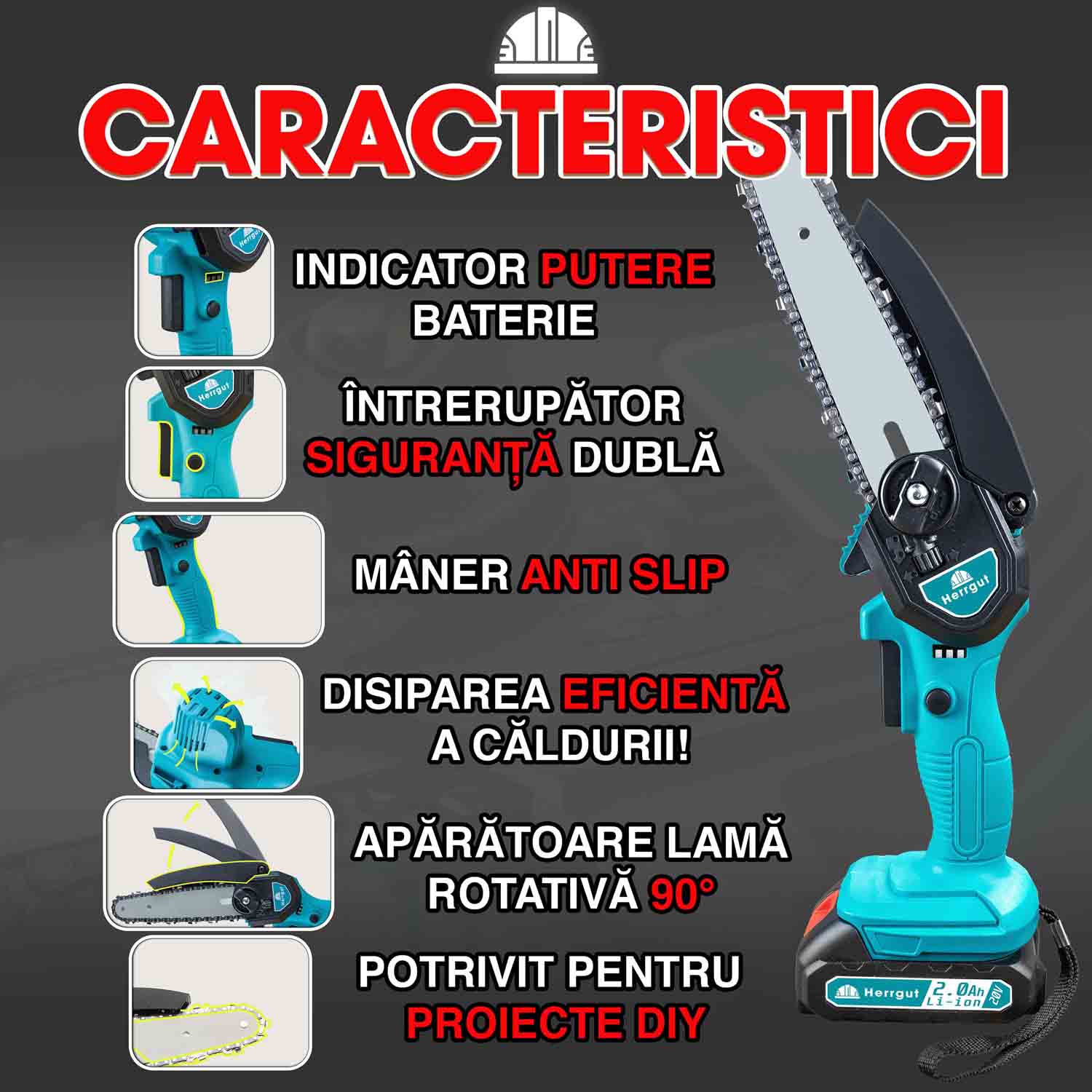 Mini fierastrau electric cu lant Herrgut, 6 inch, 2 x baterie 2000 mAh, motor cu perii, putere 550W, pe acumulator, albastru/negru, (mini drujba)