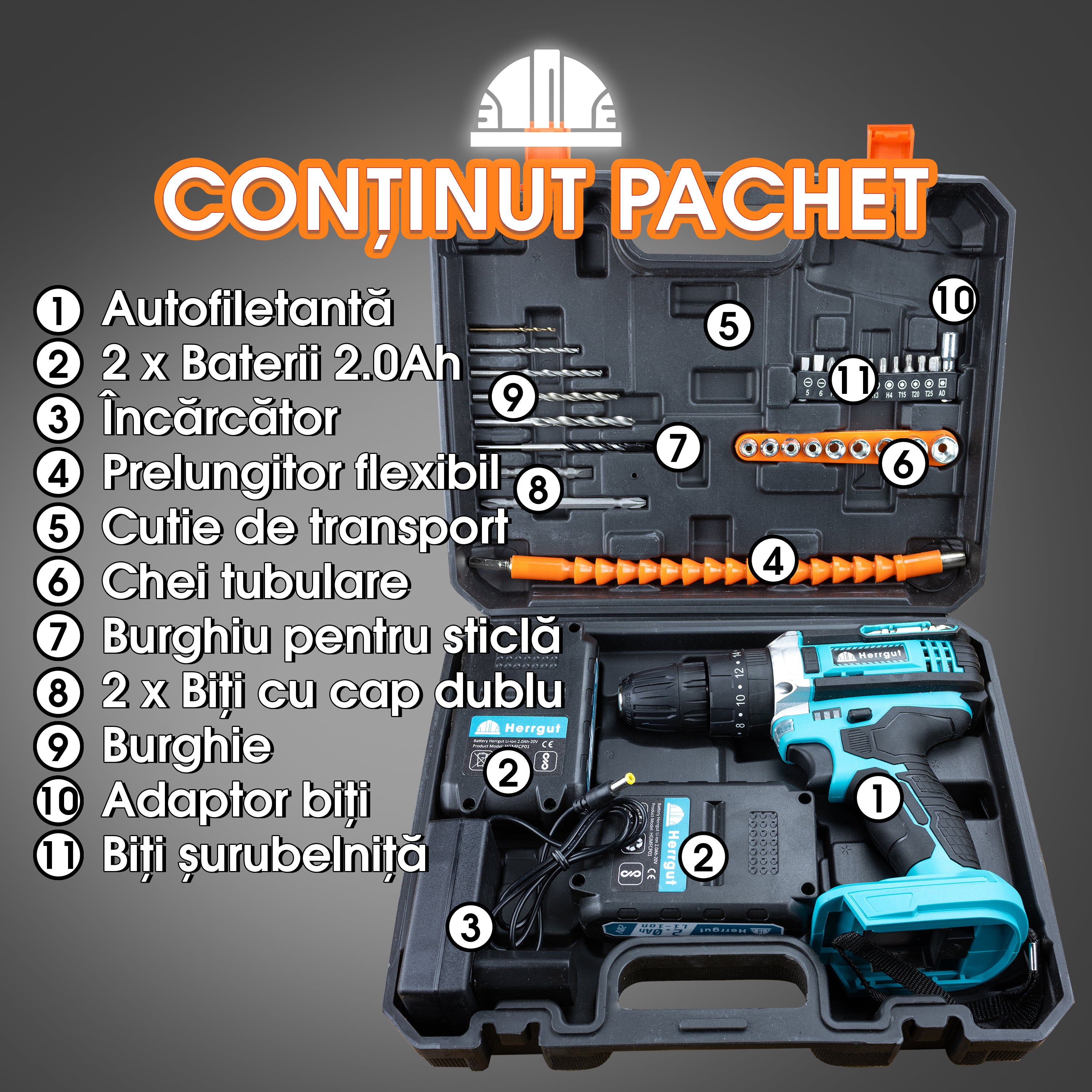Masina de gaurit si insurubat Herrgut Professional, 2000 mAh Li-Ion, 32 accesorii, 2 trepte 400/1400 RPM, imbinare 35Nm, mandrina rapida 0.8-10mm, pe acumulator (bormasina)