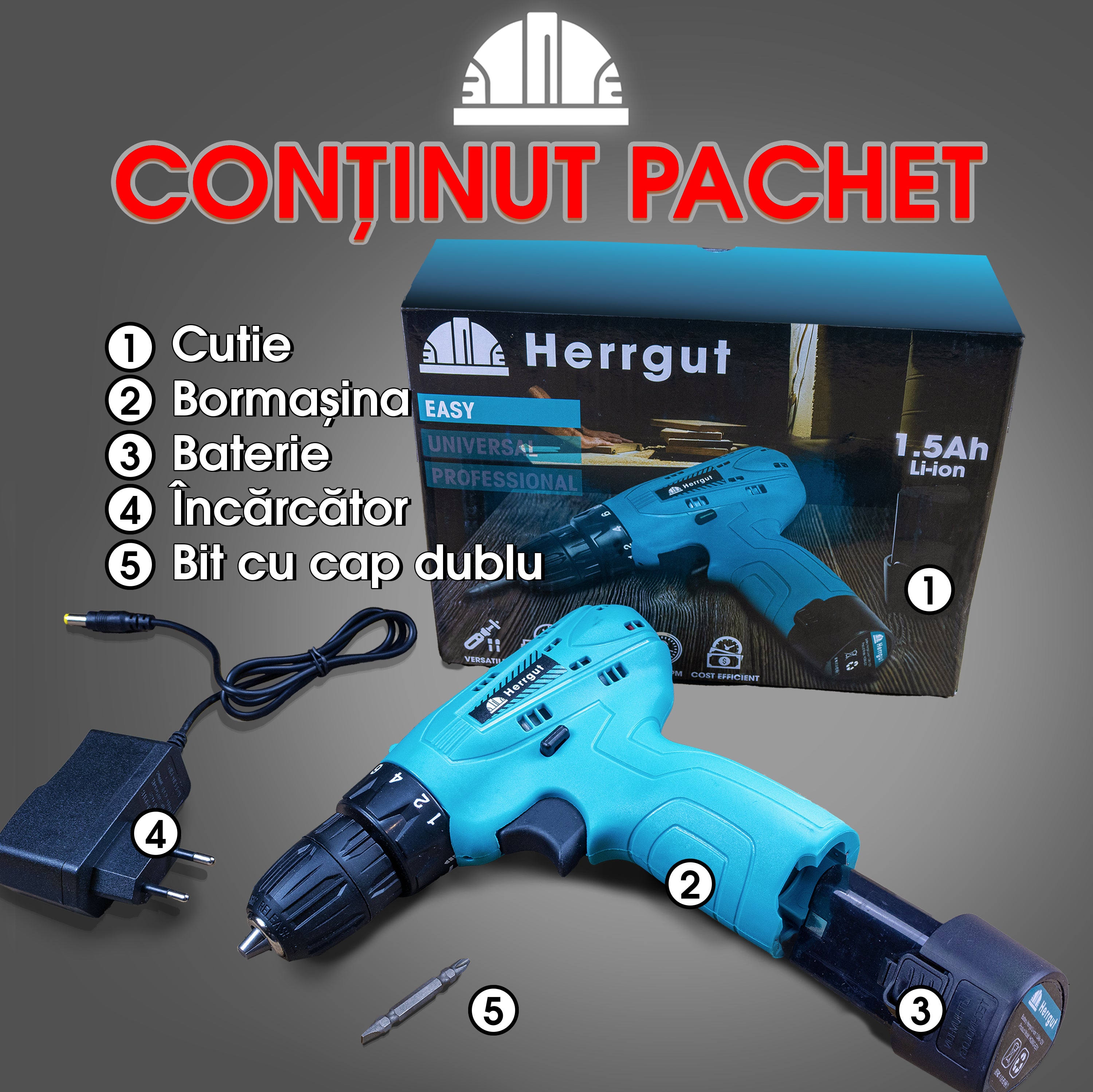 Masina de gaurit si insurubat Herrgut Easy ,1 x baterie 1500 mAh Li-Ion, 24 Nm, treapta 600 RPM, mandrina rapida 10mm, pe acumulator (bormasina)