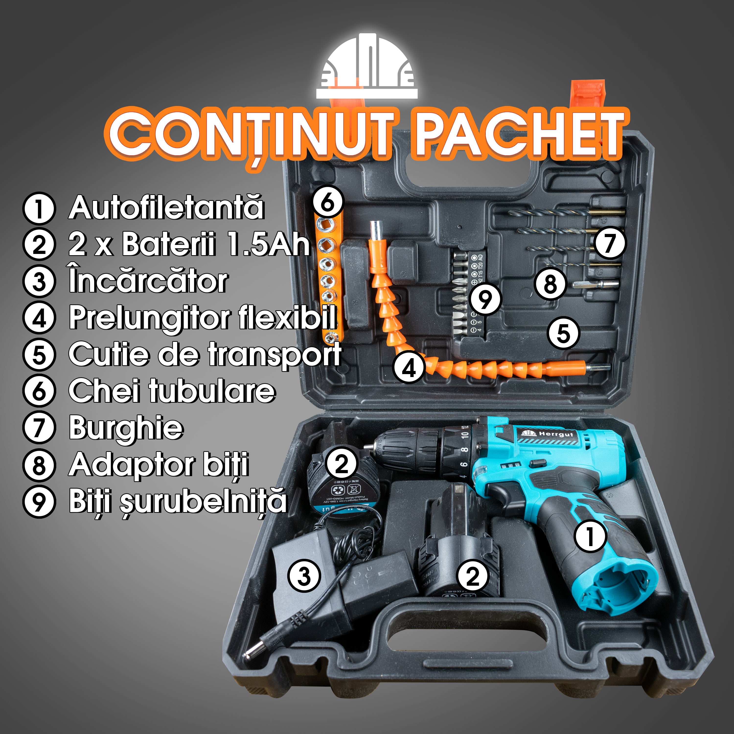 Masina de gaurit si insurubat (bormasina) Herrgut Universal cu acumulator 1.5Ah Li-Ion, 30Nm, 2 trepte 400/1400 RPM, mandrina rapida 0.8-10mm, 25 accesorii, cutie bmc
