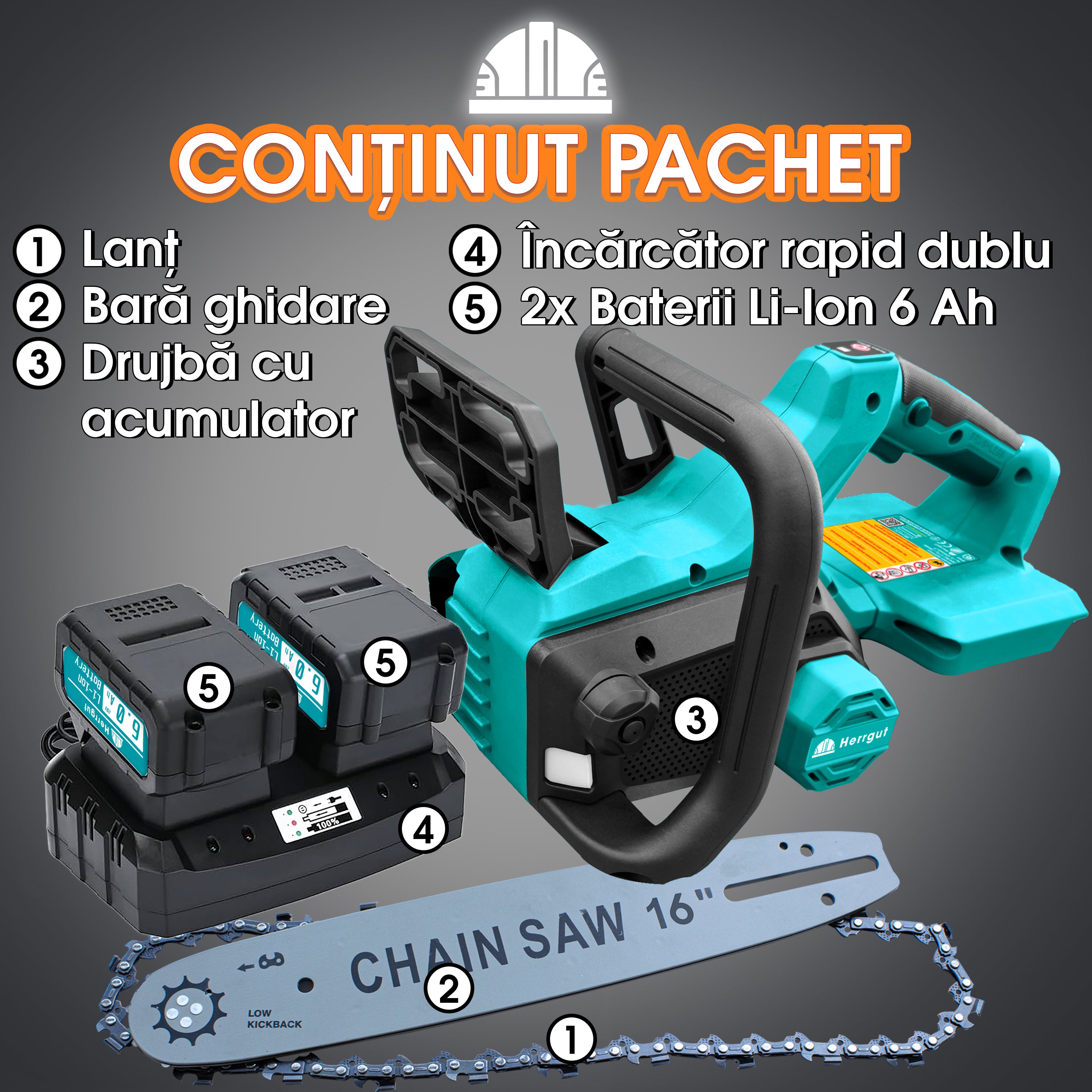 Fierastrau electric (Drujba) cu lant Herrgut, 2 x baterie 6000 mAh, 16 inch, motor fara perii, putere 1800W, fast charging, pe acumulator, cu sistem de lubrifiere, albastru/negru