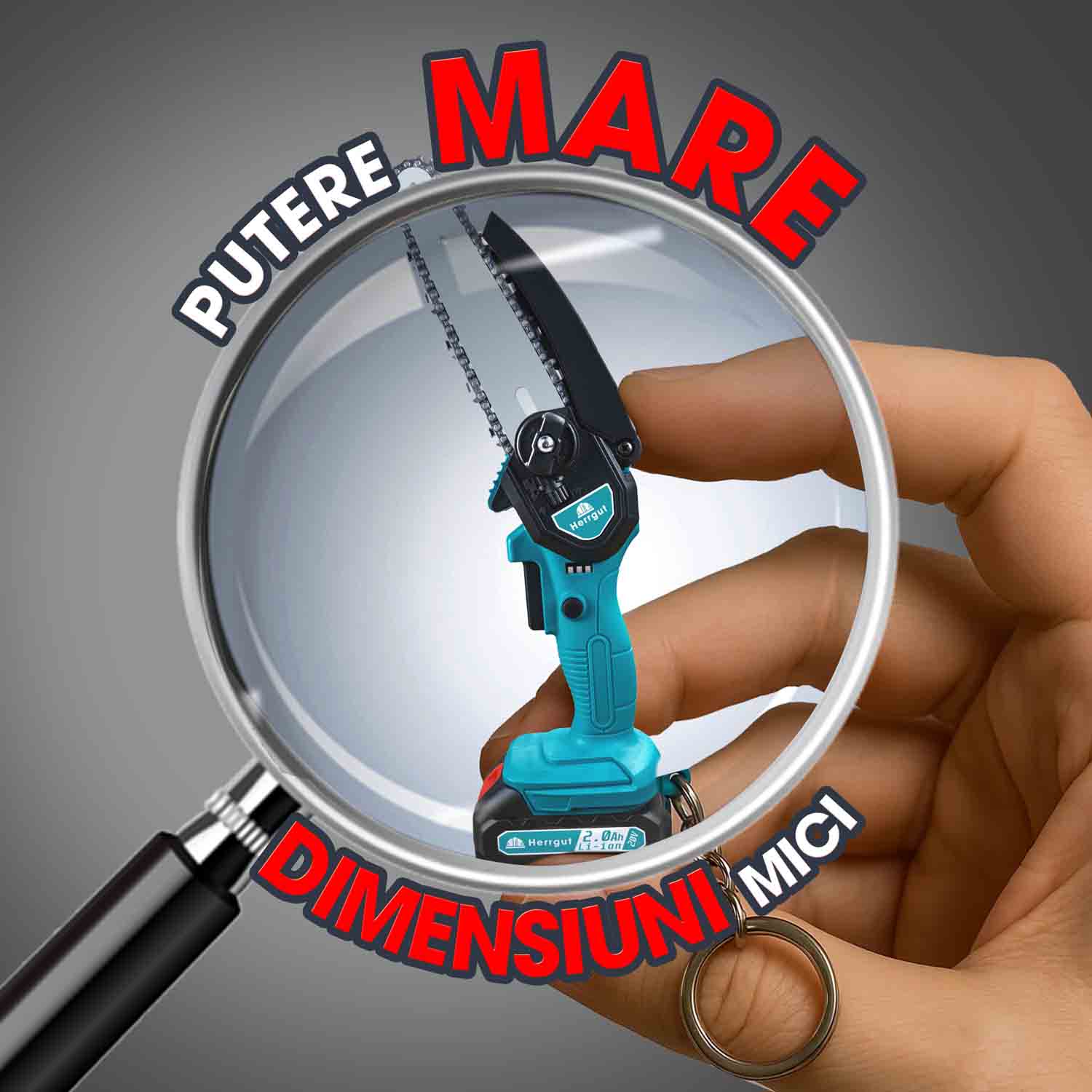 Mini fierastrau electric cu lant Herrgut, 6 inch, 2 x baterie 2000 mAh, motor cu perii, putere 550W, pe acumulator, albastru/negru, (mini drujba)