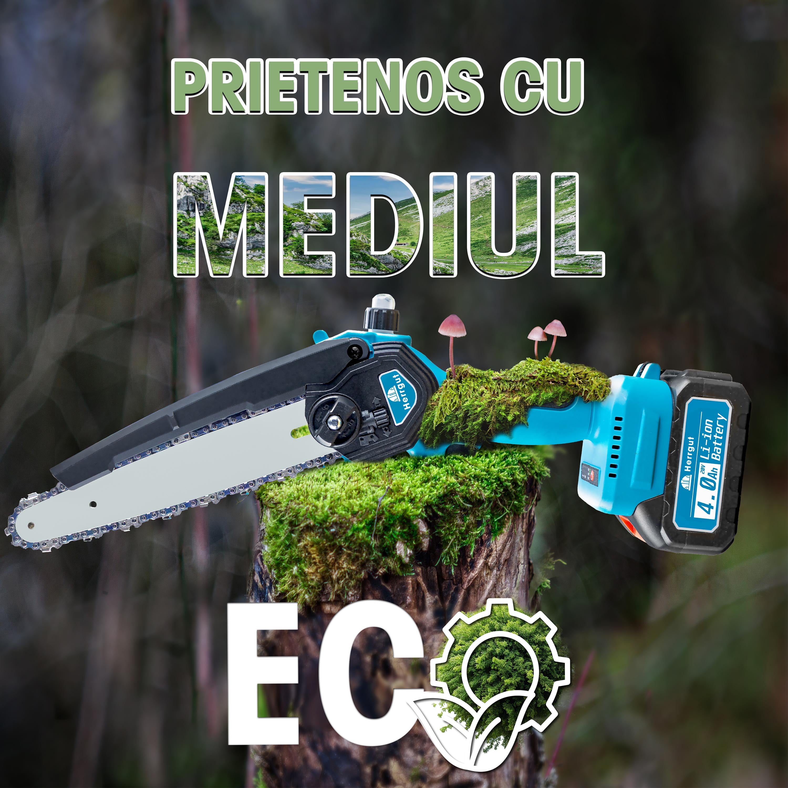 Mini fierastrau electric cu lant Herrgut, motor fara perii, 8 inch, 1 x baterie 4000 mAh, lant extra de 6 inch, baterie extra 2000 mAh fast charging, pe acumulator, cu sistem de lubrifiere, albastru/negru, (mini drujba)