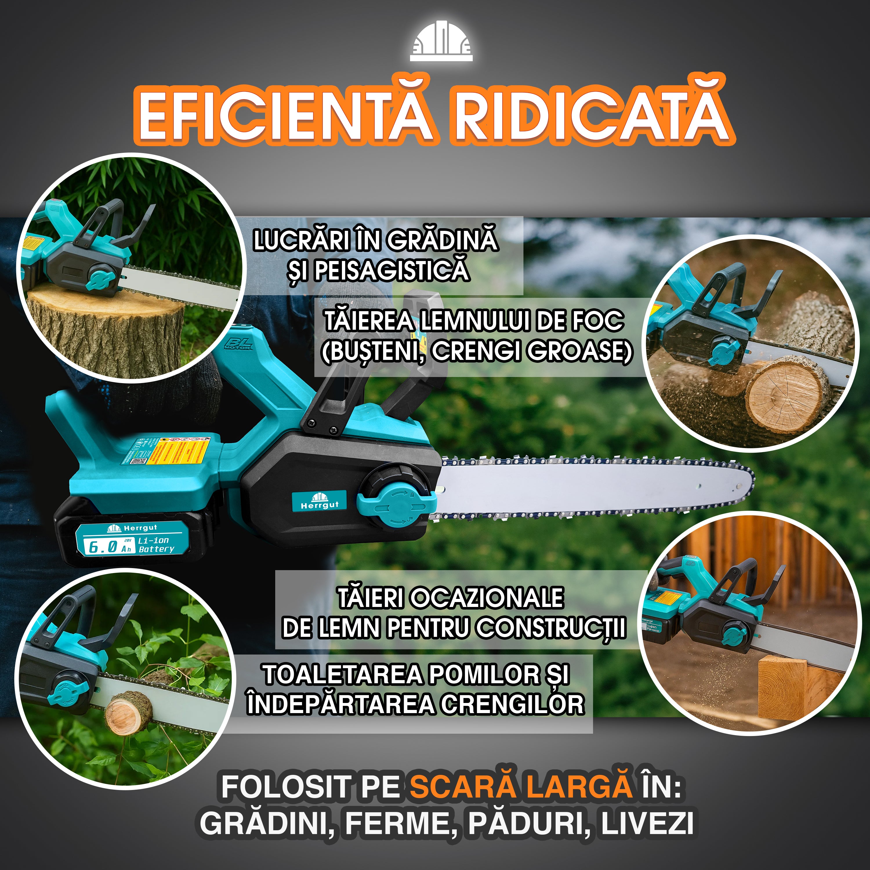 Fierastrau electric (Drujba) cu lant Herrgut, 2 x baterie 6000 mAh, 16 inch, motor fara perii, putere 1800W, fast charging, pe acumulator, cu sistem de lubrifiere, albastru/negru