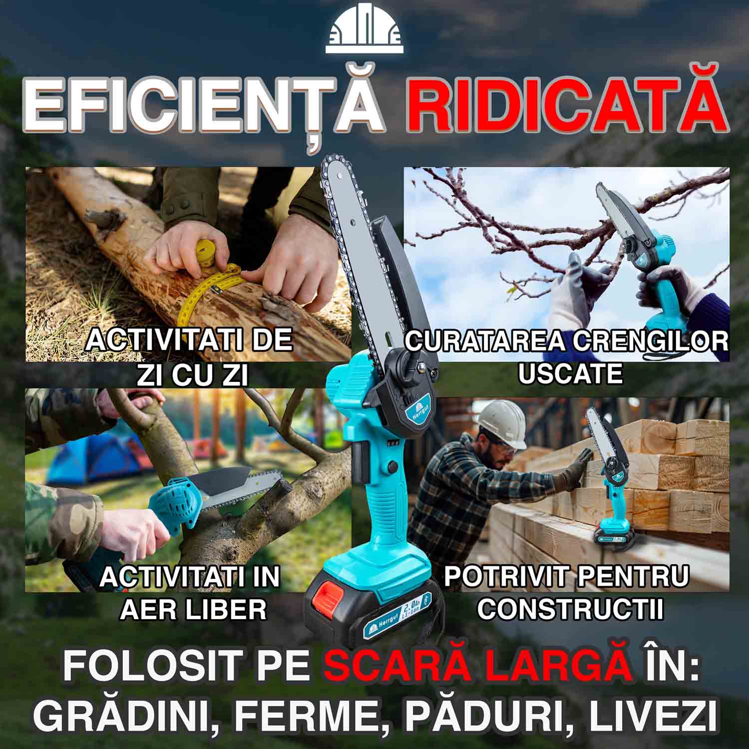 Mini fierastrau electric cu lant Herrgut, 6 inch, 2 x baterie 2000 mAh, motor cu perii, putere 550W, pe acumulator, albastru/negru, (mini drujba)