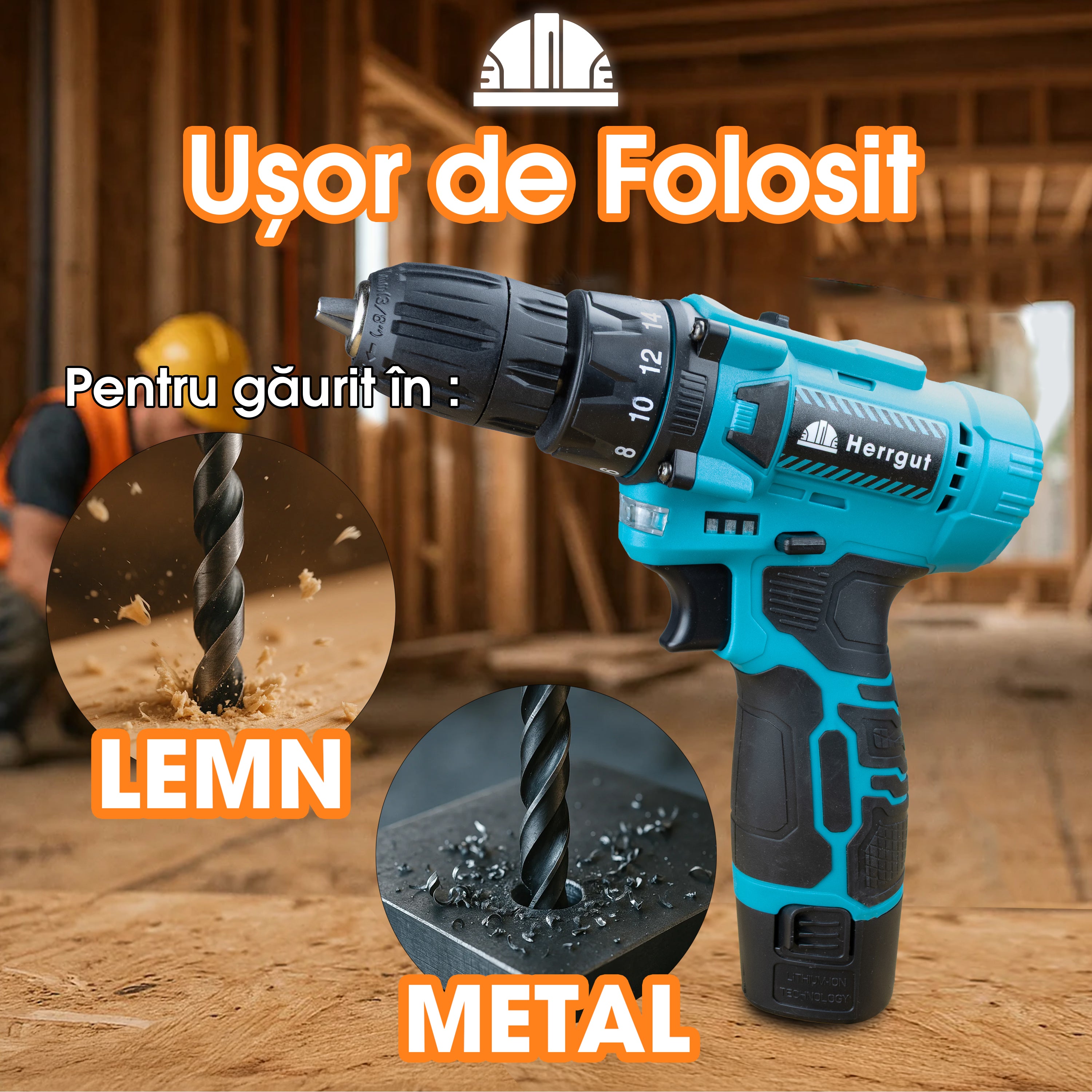 Masina de gaurit si insurubat (bormasina) Herrgut Universal cu acumulator 1.5Ah Li-Ion, 30Nm, 2 trepte 400/1400 RPM, mandrina rapida 0.8-10mm, 25 accesorii, cutie bmc