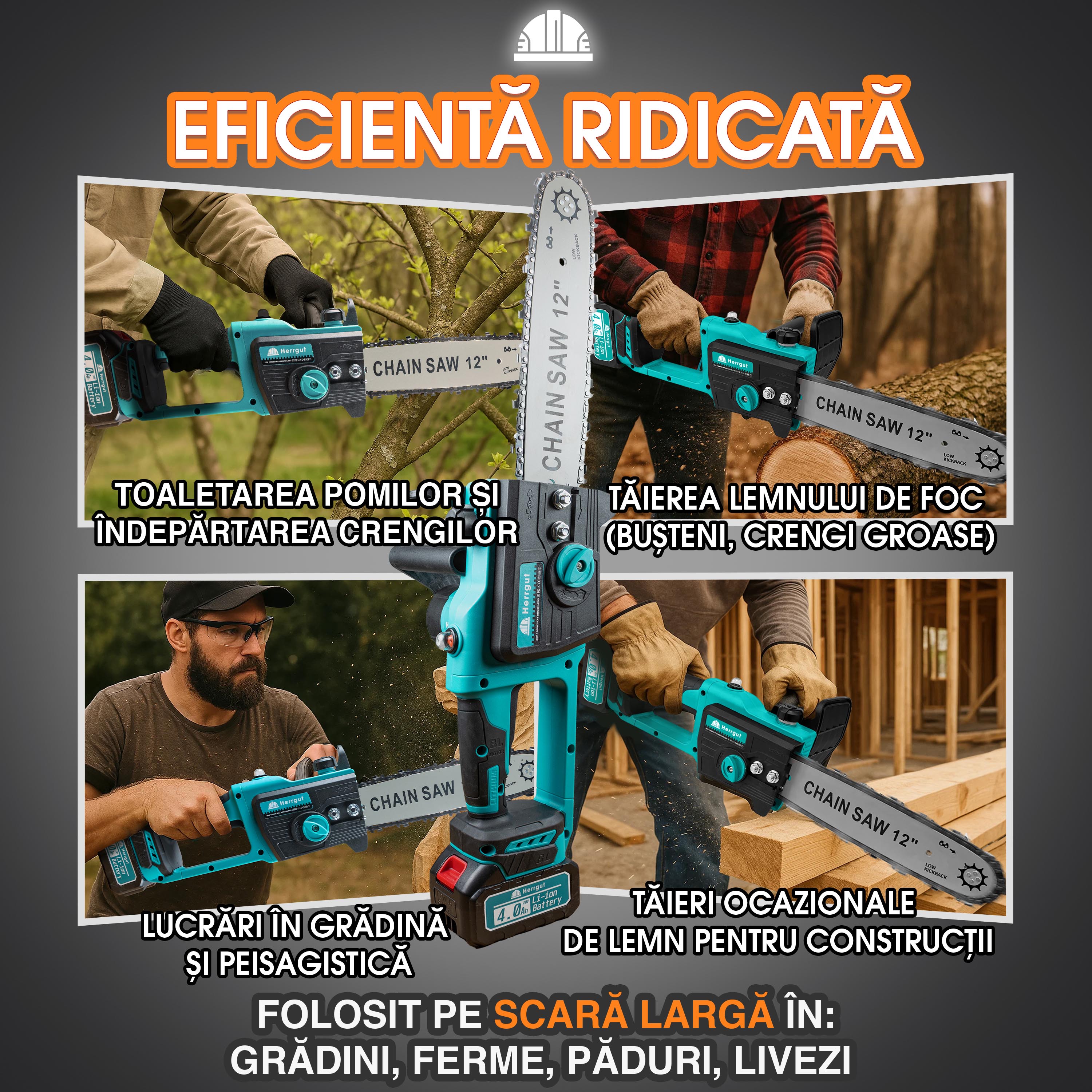 Mini fierastrau electric cu lant Herrgut, motor fara perii, 12 inch, 2 x baterie 4000 mAh, putere 1200W, fast charging, pe acumulator, cu sistem de lubrifiere, albastru/negru