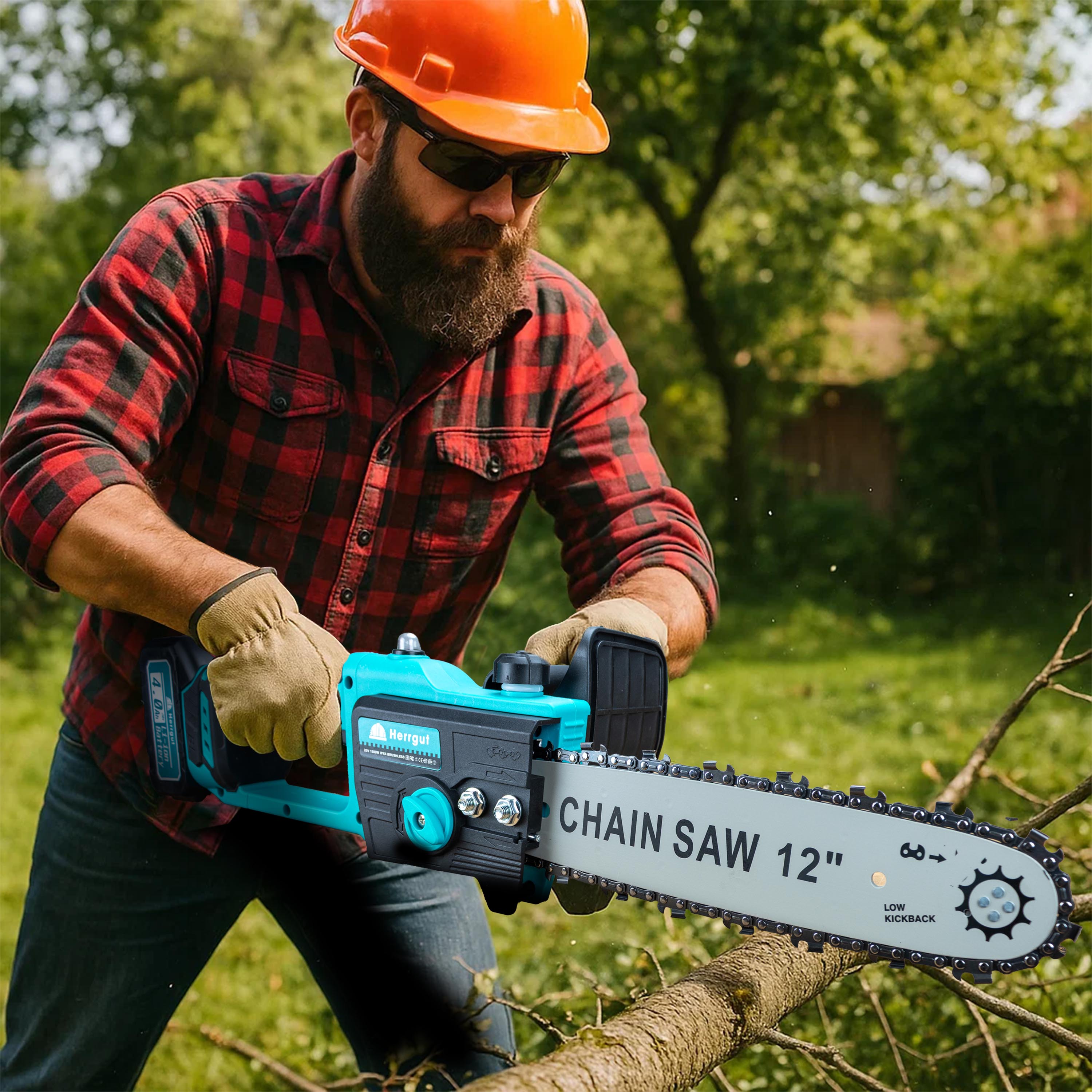 Mini fierastrau electric cu lant Herrgut, motor fara perii, 12 inch, 2 x baterie 4000 mAh, putere 1200W, fast charging, pe acumulator, cu sistem de lubrifiere, albastru/negru
