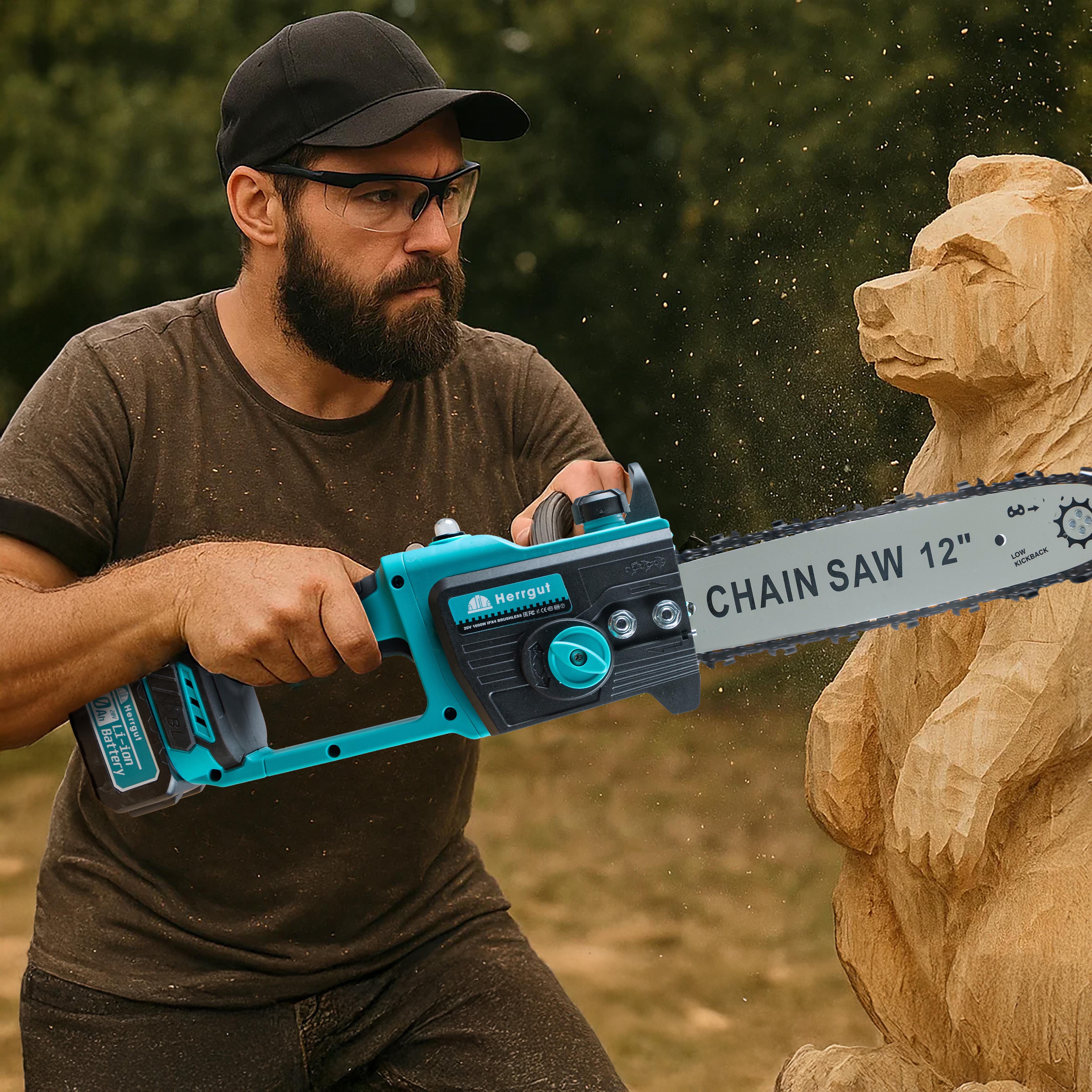 Mini fierastrau electric cu lant Herrgut, motor fara perii, 12 inch, 2 x baterie 4000 mAh, putere 1200W, fast charging, pe acumulator, cu sistem de lubrifiere, albastru/negru