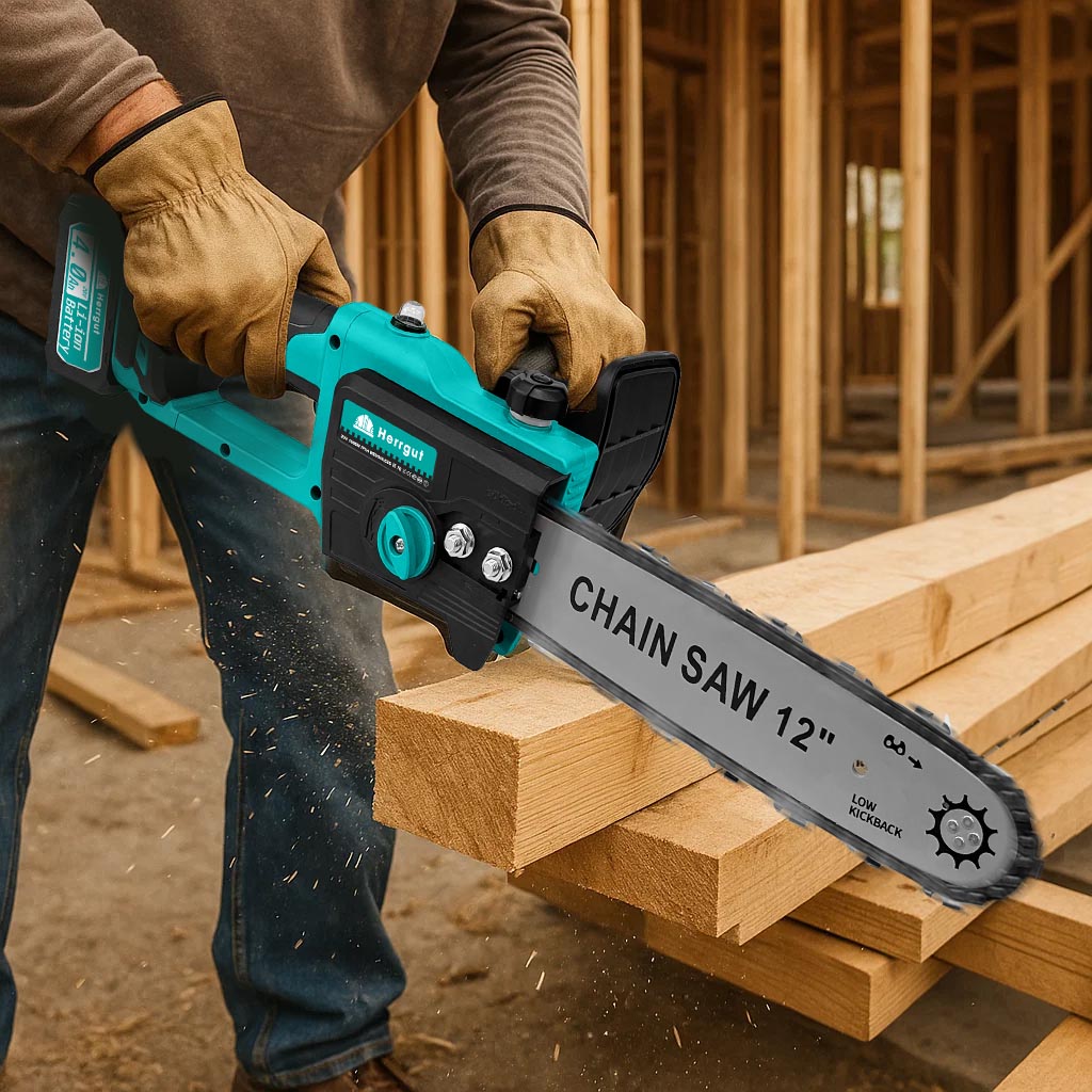 Mini fierastrau electric cu lant Herrgut, motor fara perii, 12 inch, 2 x baterie 4000 mAh, putere 1200W, fast charging, pe acumulator, cu sistem de lubrifiere, albastru/negru