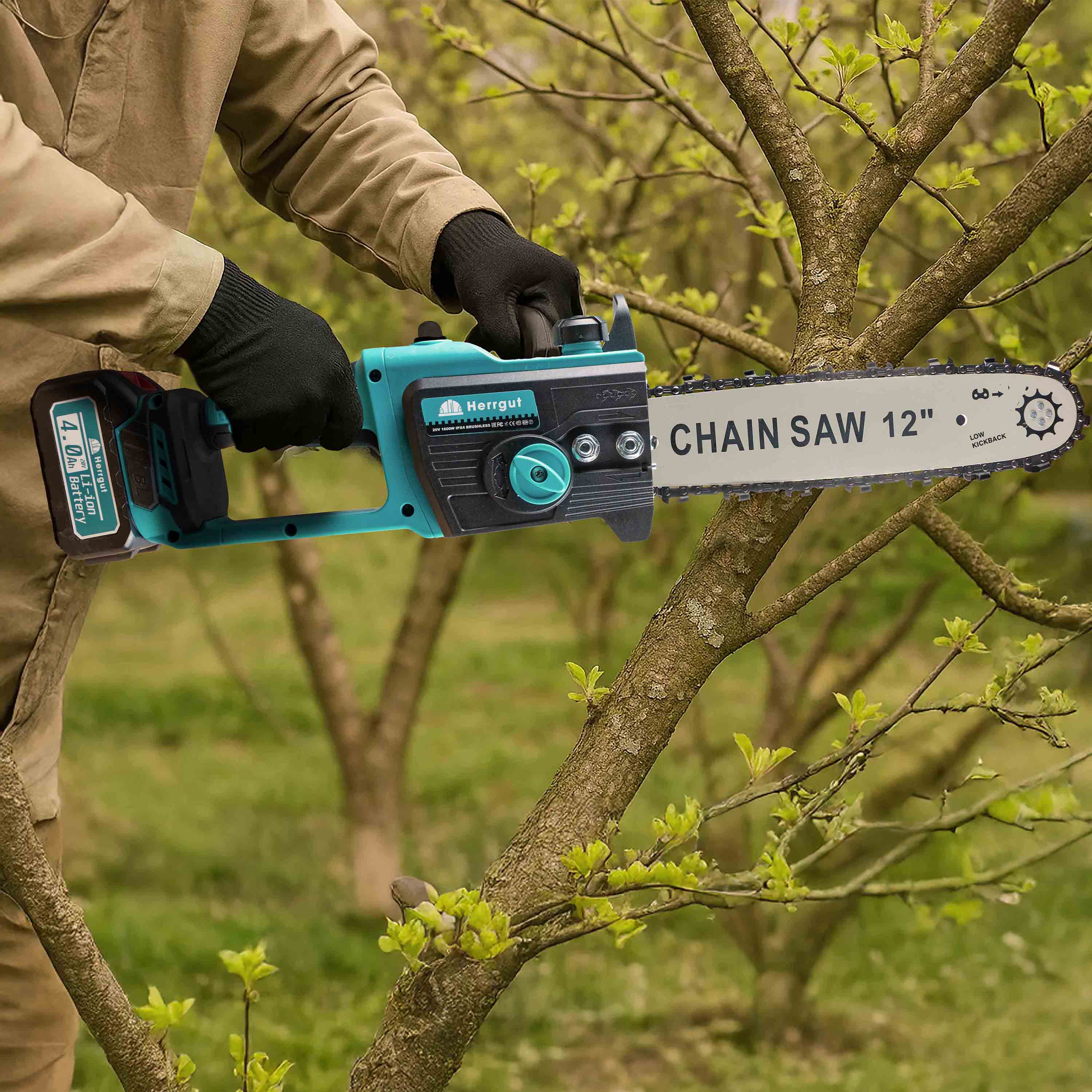 Mini fierastrau electric cu lant Herrgut, motor fara perii, 12 inch, 2 x baterie 4000 mAh, putere 1200W, fast charging, pe acumulator, cu sistem de lubrifiere, albastru/negru