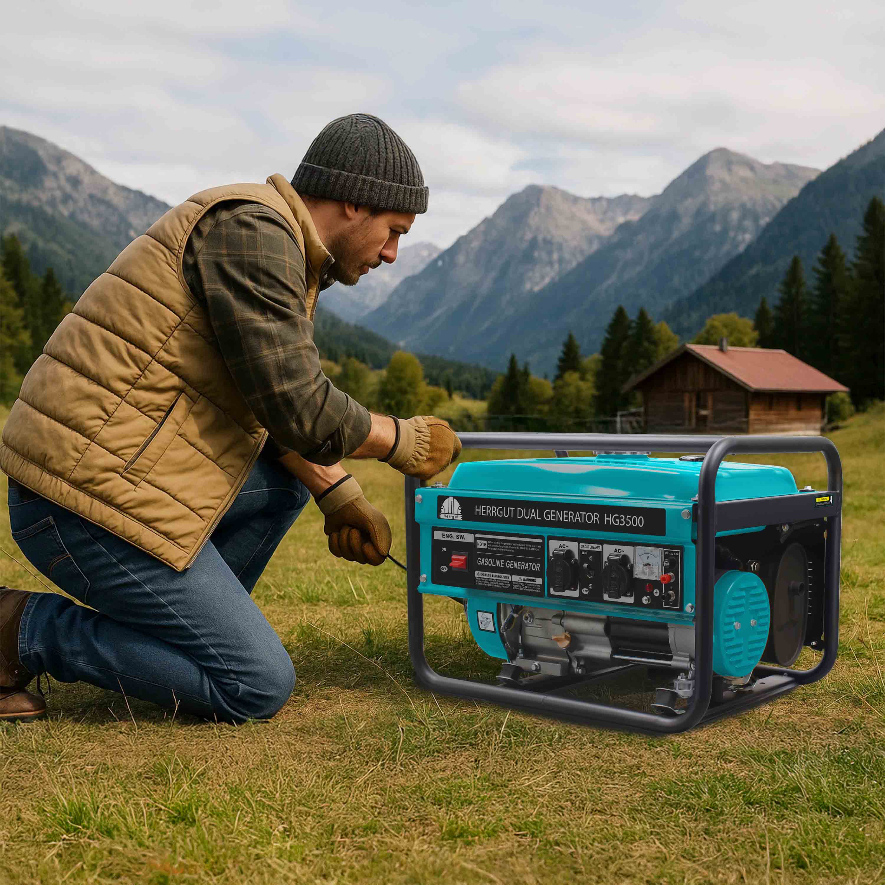 Generator curent electric profesional Herrgut pe benzina, GPL, gaz natural, putere maxima 3500 W (nominala 3.2kW), AVR, stabilizator de tensiune, motor 7 CP, bobinaj 100% cupru