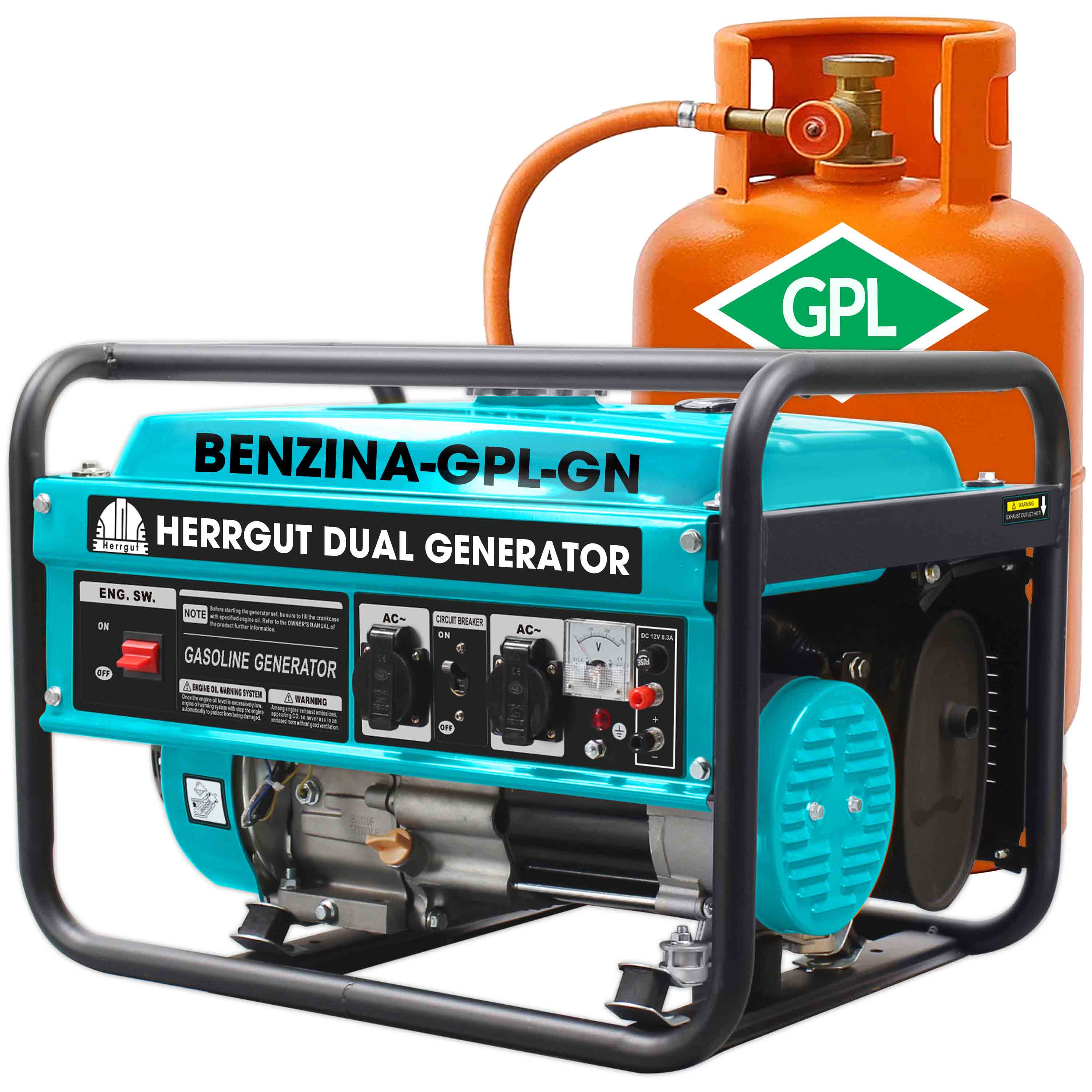 Generator curent electric profesional Herrgut pe benzina, GPL, gaz natural, putere maxima 3500 W (nominala 3.2kW), AVR, stabilizator de tensiune, motor 7 CP, bobinaj 100% cupru