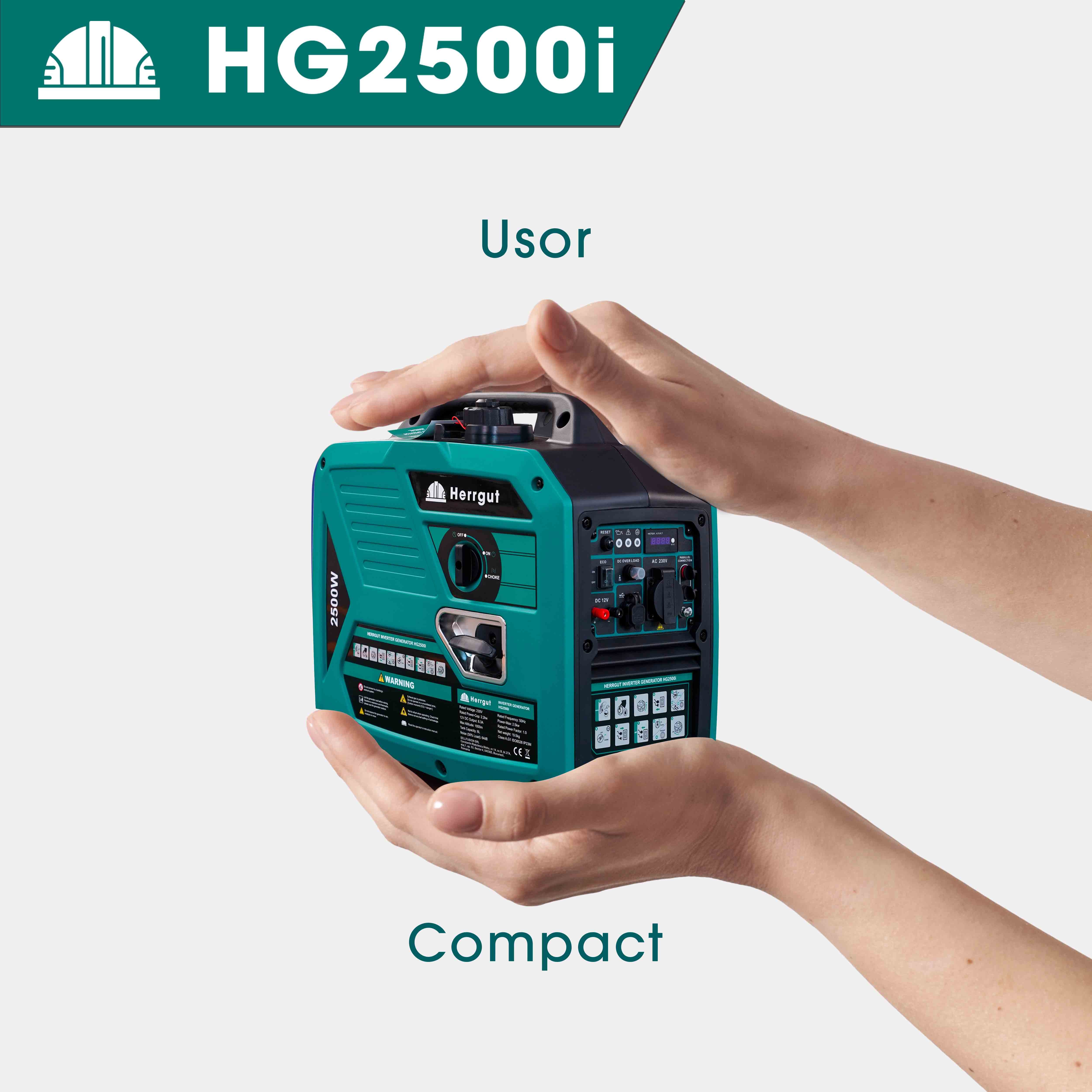 Generator curent electric cu invertor Herrgut HG2500i, 2500W, silentios, mod ECO, portabil, benzina, 6 l capacitate rezervor, cu stabilizator de tensiune, pornire manuala, bobinaj cupru