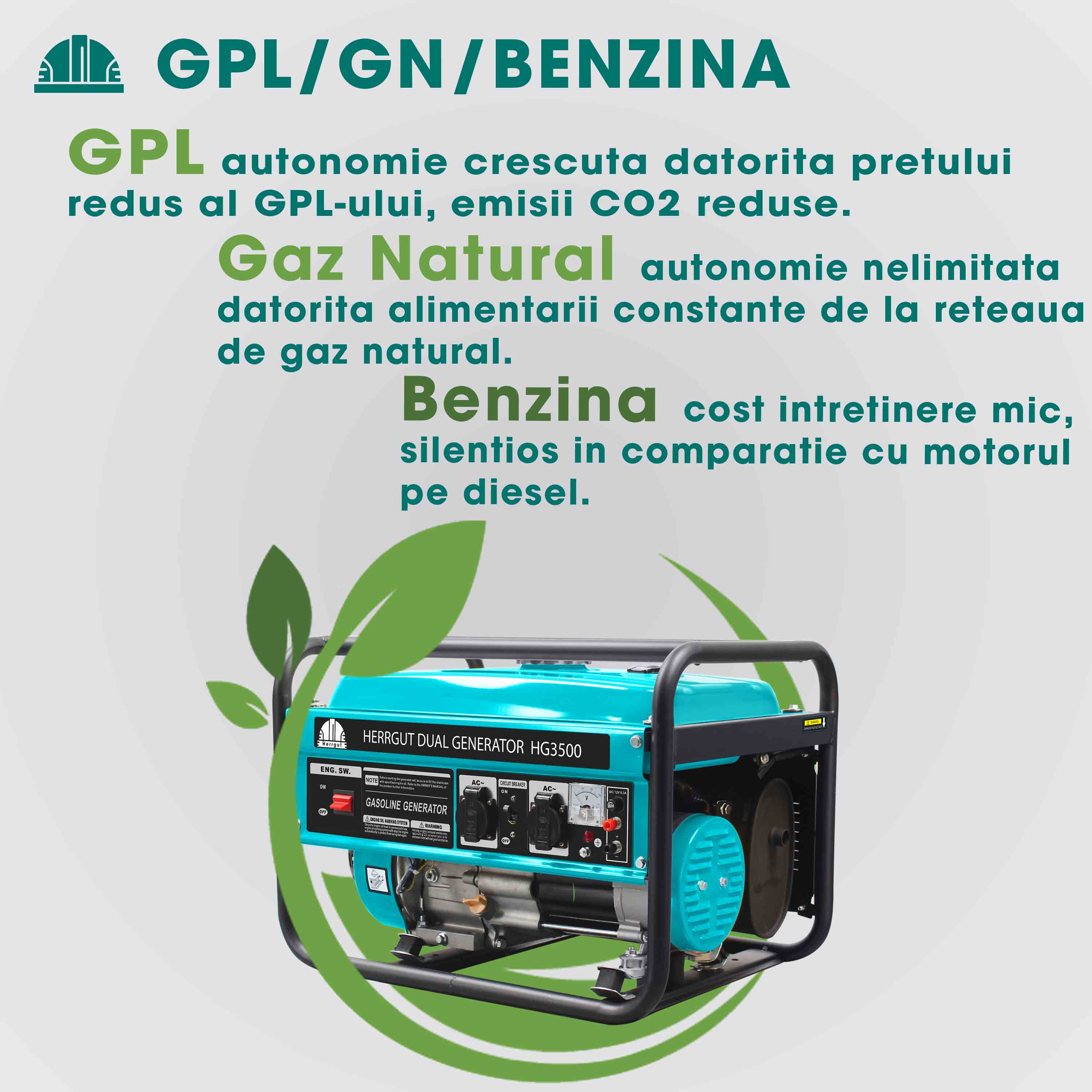Generator curent electric profesional Herrgut pe benzina, GPL, gaz natural, putere maxima 3500 W (nominala 3.2kW), AVR, stabilizator de tensiune, motor 7 CP, bobinaj 100% cupru