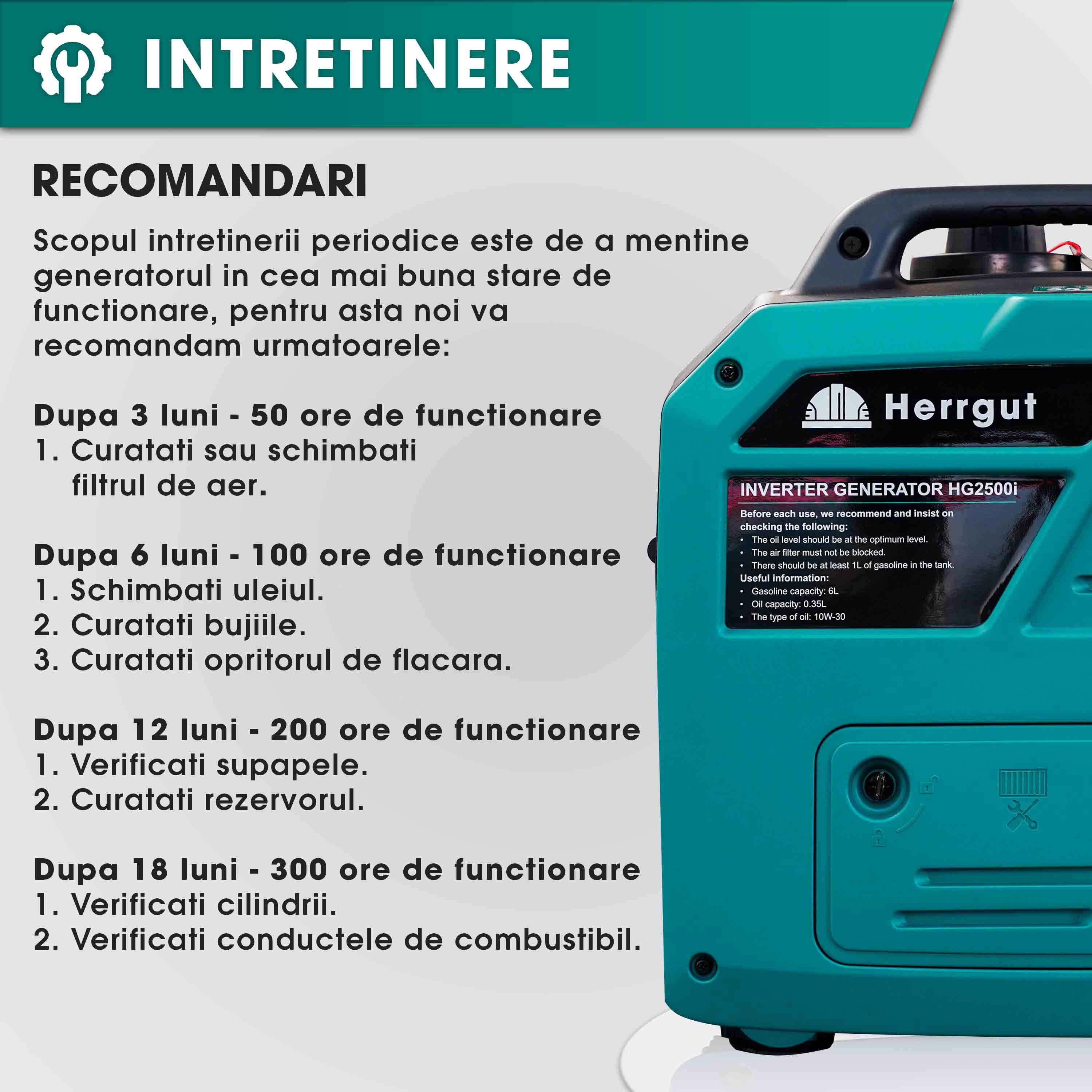 Generator curent electric cu invertor Herrgut HG2500i, 2500W, silentios, mod ECO, portabil, benzina, 6 l capacitate rezervor, cu stabilizator de tensiune, pornire manuala, bobinaj cupru