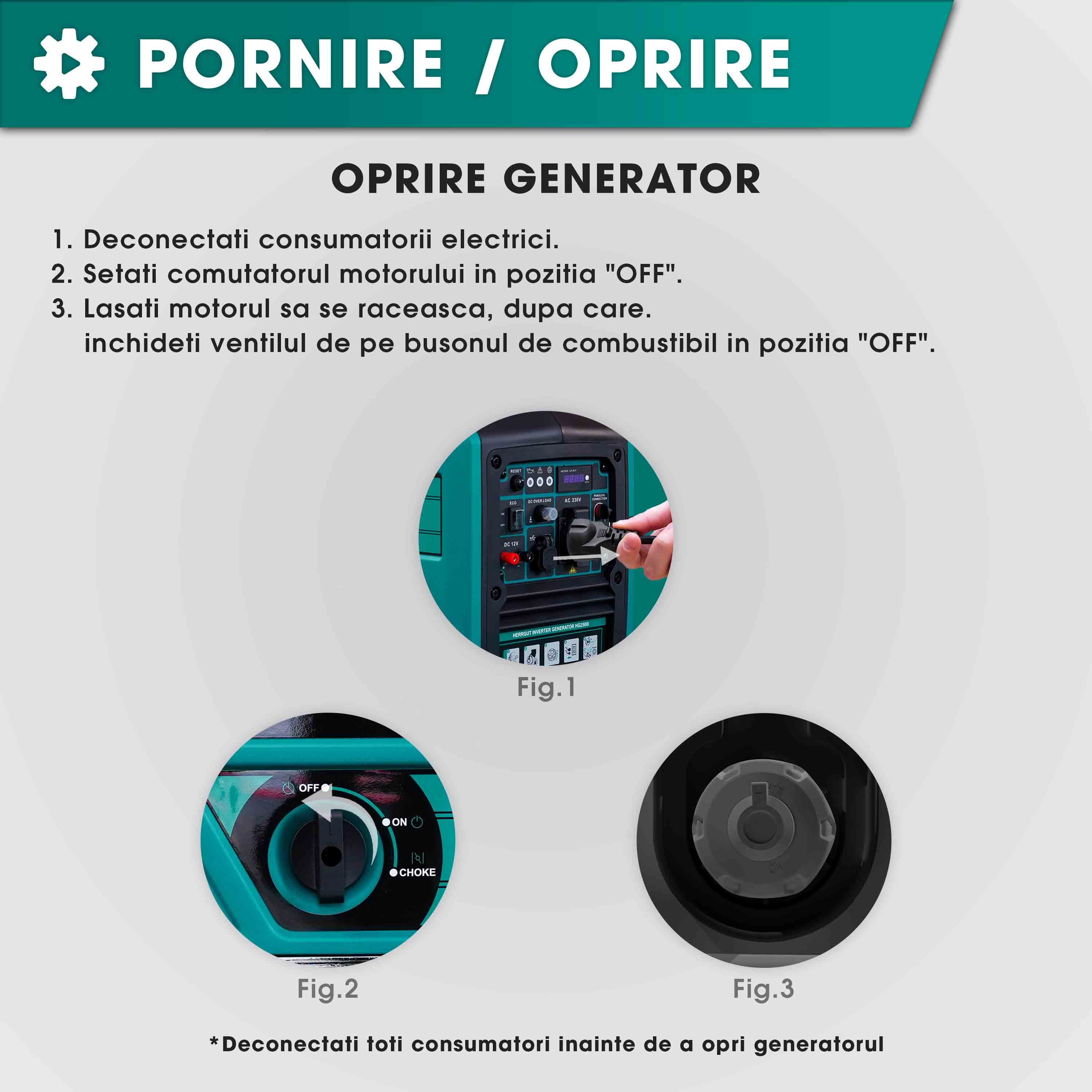 Generator curent electric cu invertor Herrgut HG2500i, 2500W, silentios, mod ECO, portabil, benzina, 6 l capacitate rezervor, cu stabilizator de tensiune, pornire manuala, bobinaj cupru