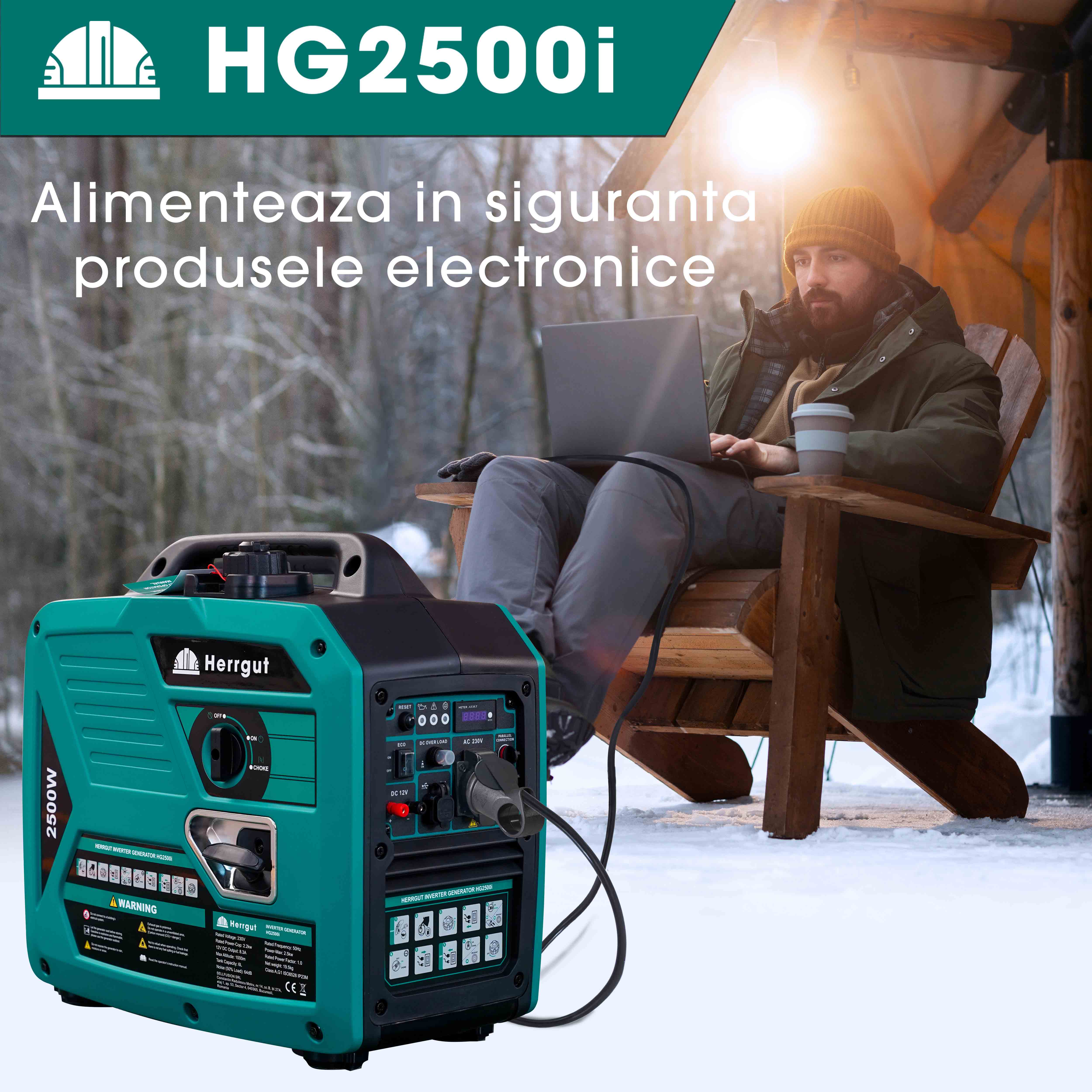 Generator curent electric cu invertor Herrgut HG2500i, 2500W, silentios, mod ECO, portabil, benzina, 6 l capacitate rezervor, cu stabilizator de tensiune, pornire manuala, bobinaj cupru