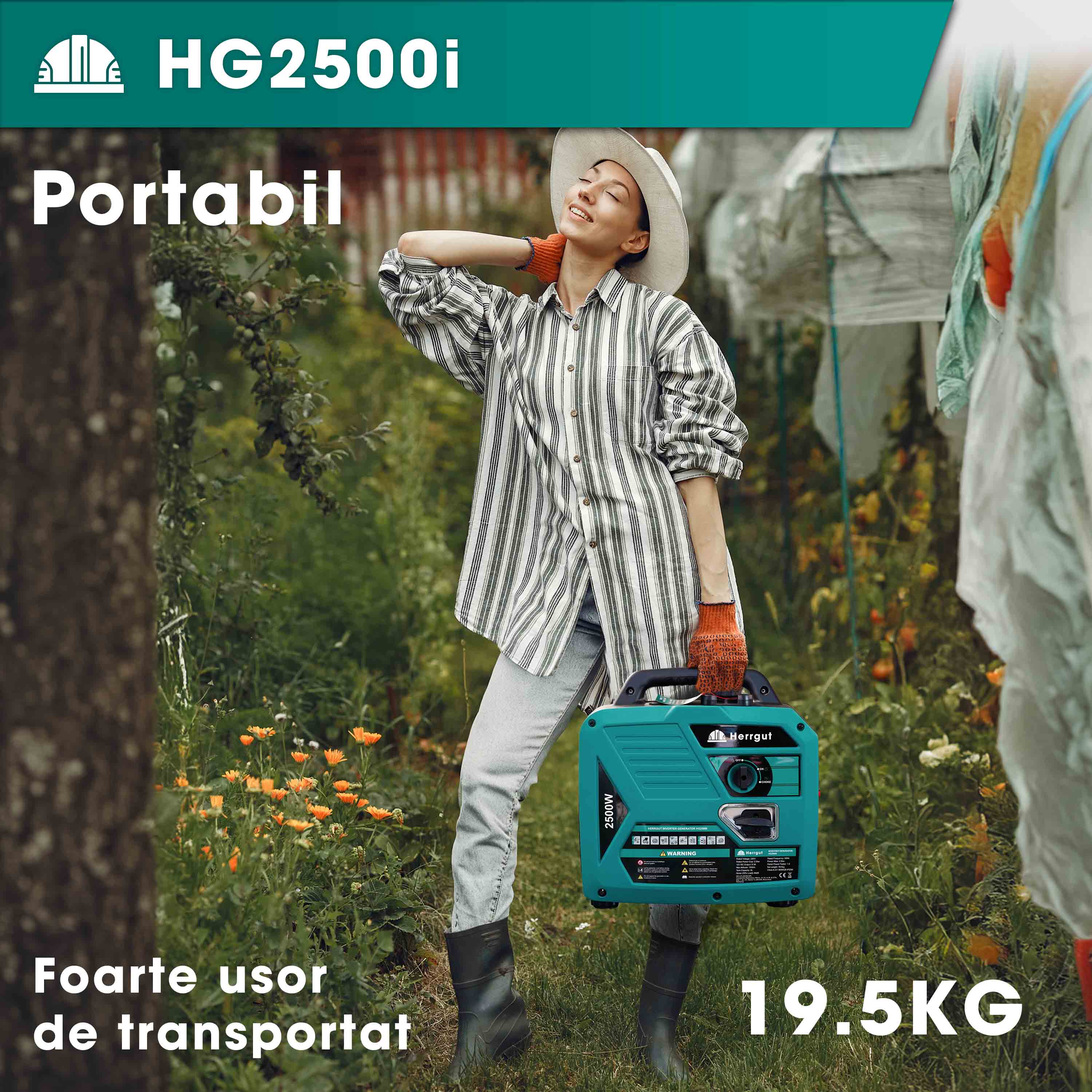 Generator curent electric cu invertor Herrgut HG2500i, 2500W, silentios, mod ECO, portabil, benzina, 6 l capacitate rezervor, cu stabilizator de tensiune, pornire manuala, bobinaj cupru